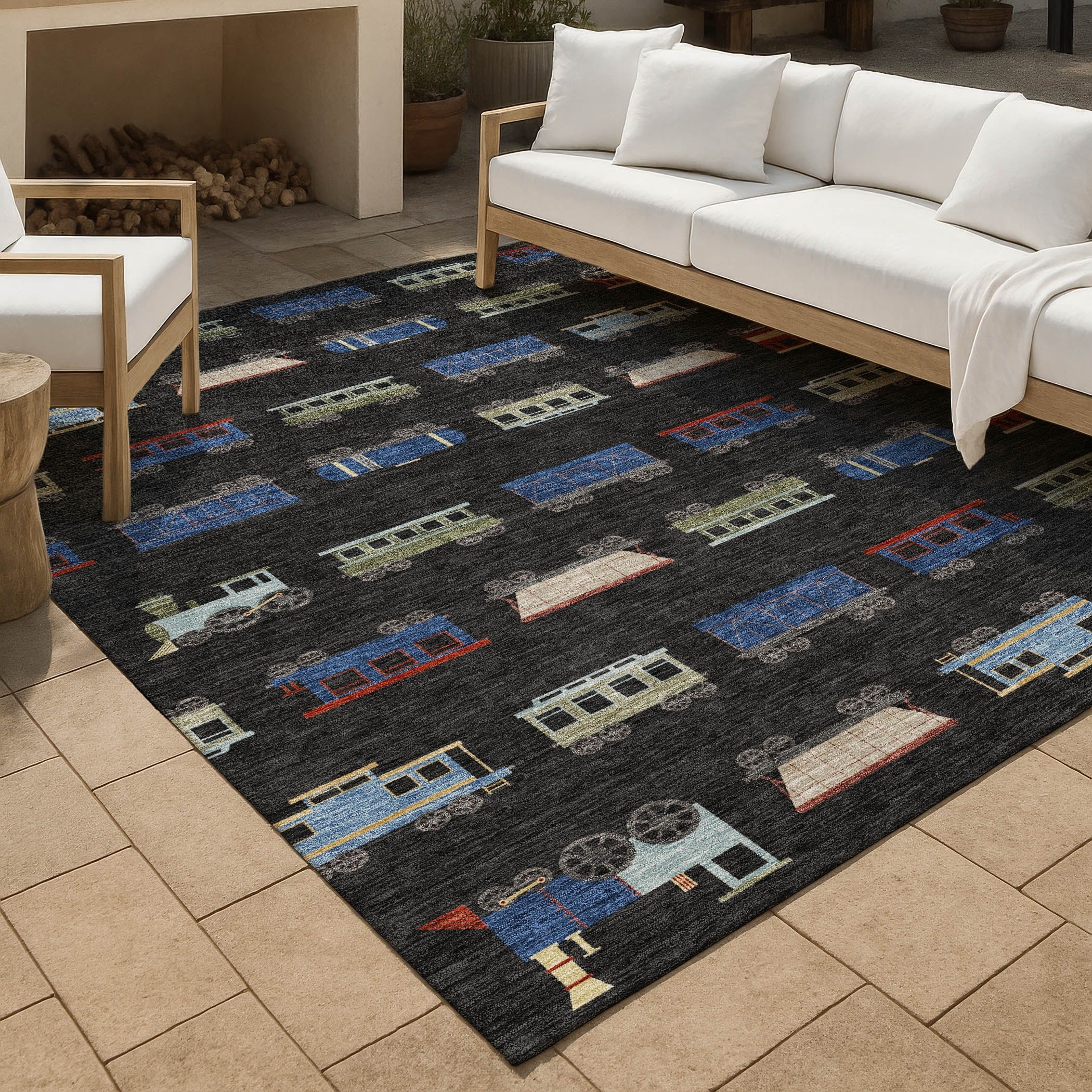 Machine Washable Indoor Outdoor Modern Train Chantille Rug