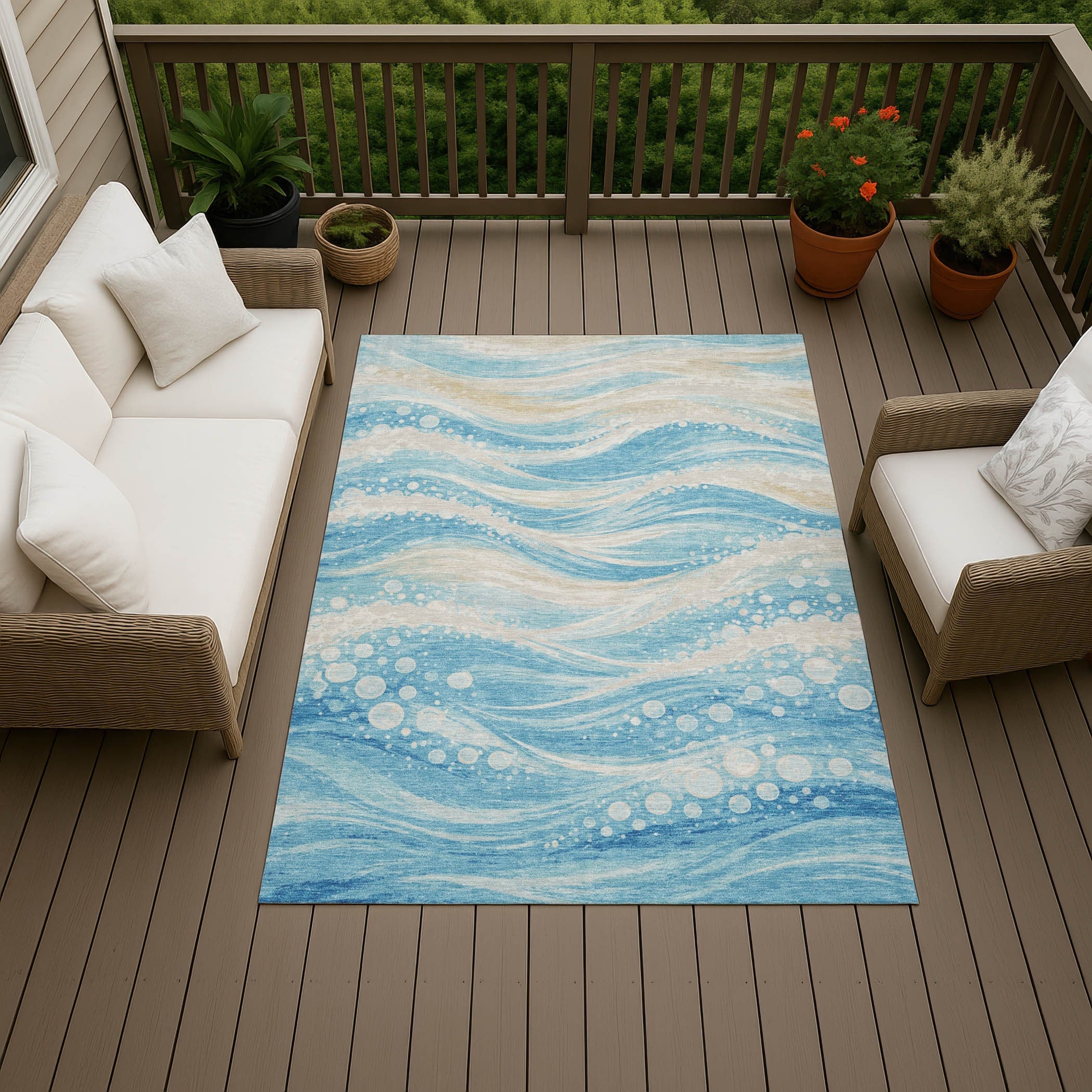 Machine Washable Indoor Outdoor Ocean Wave Chantille Rug