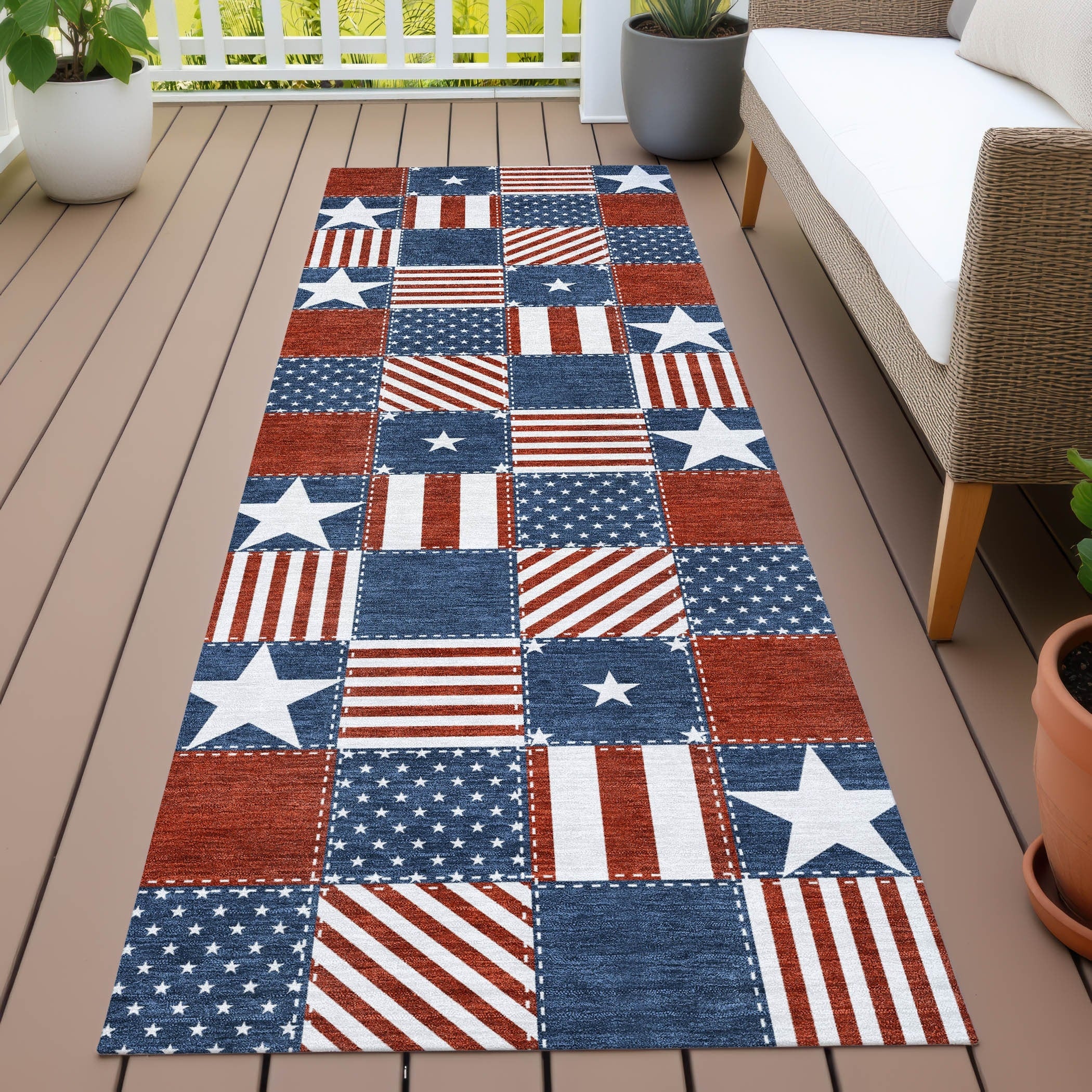 Machine Washable Indoor Outdoor Stars And Stripes Chantille Rug