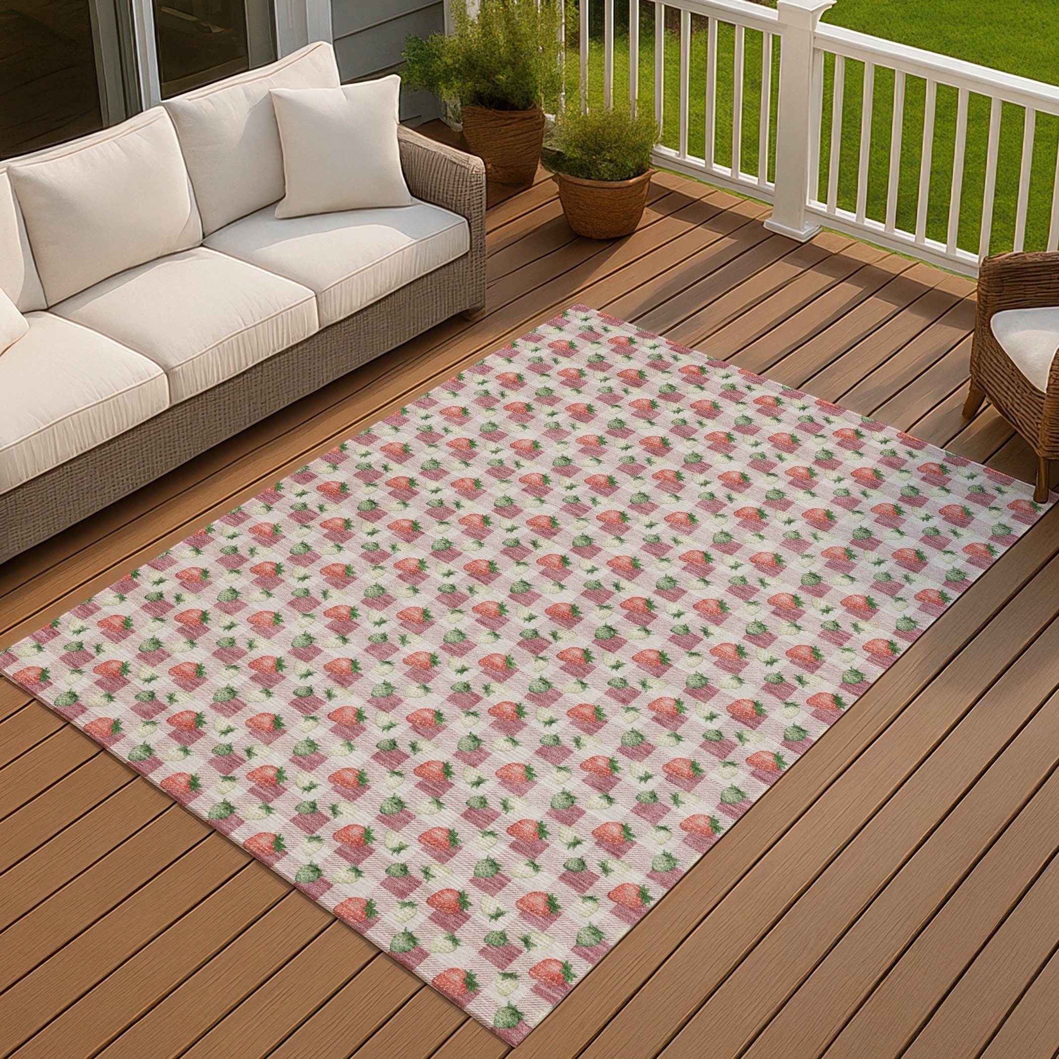 Machine Washable Indoor Outdoor Strawberry Plaid Chantille Rug