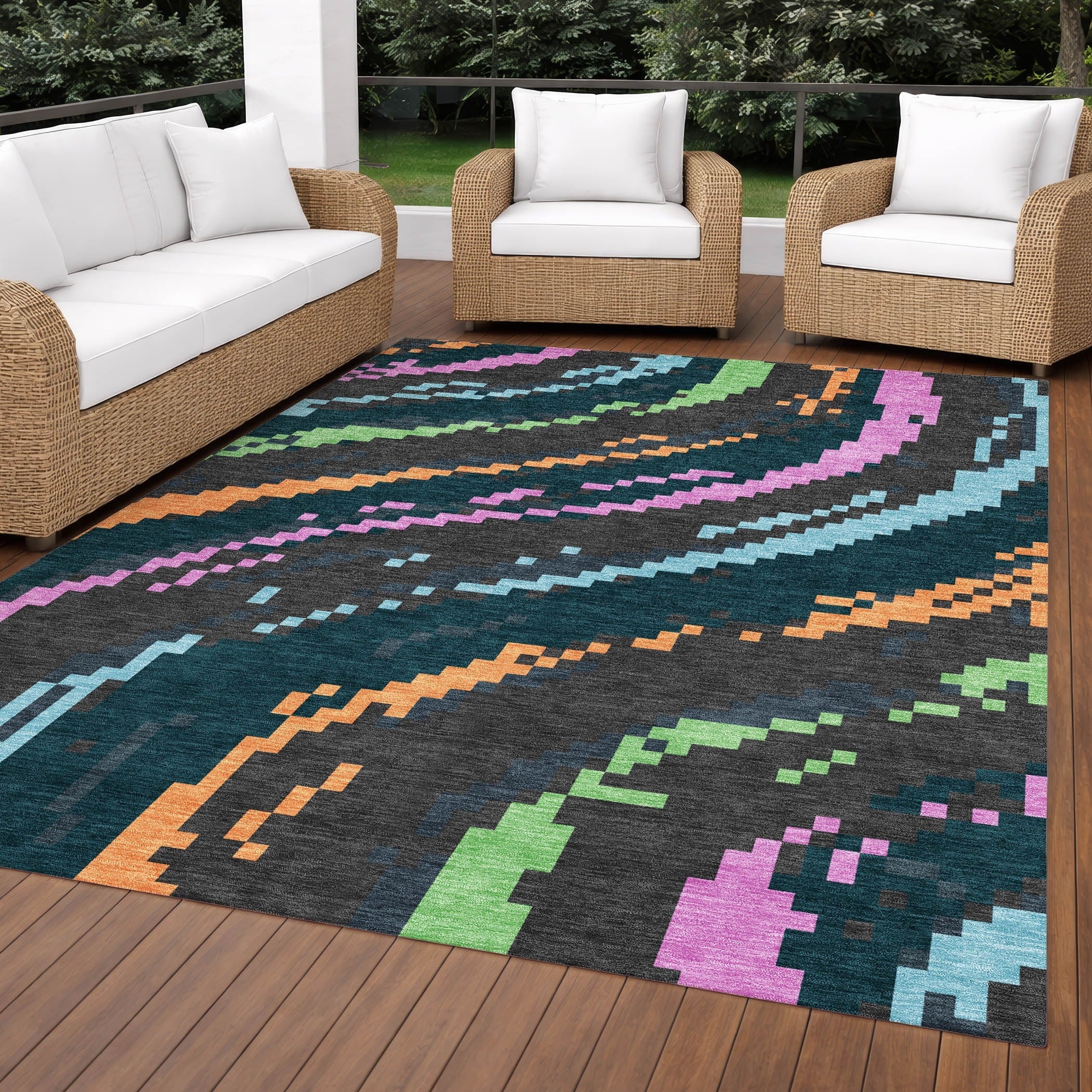 Machine Washable Indoor Outdoor Wave Pixels Chantille Rug