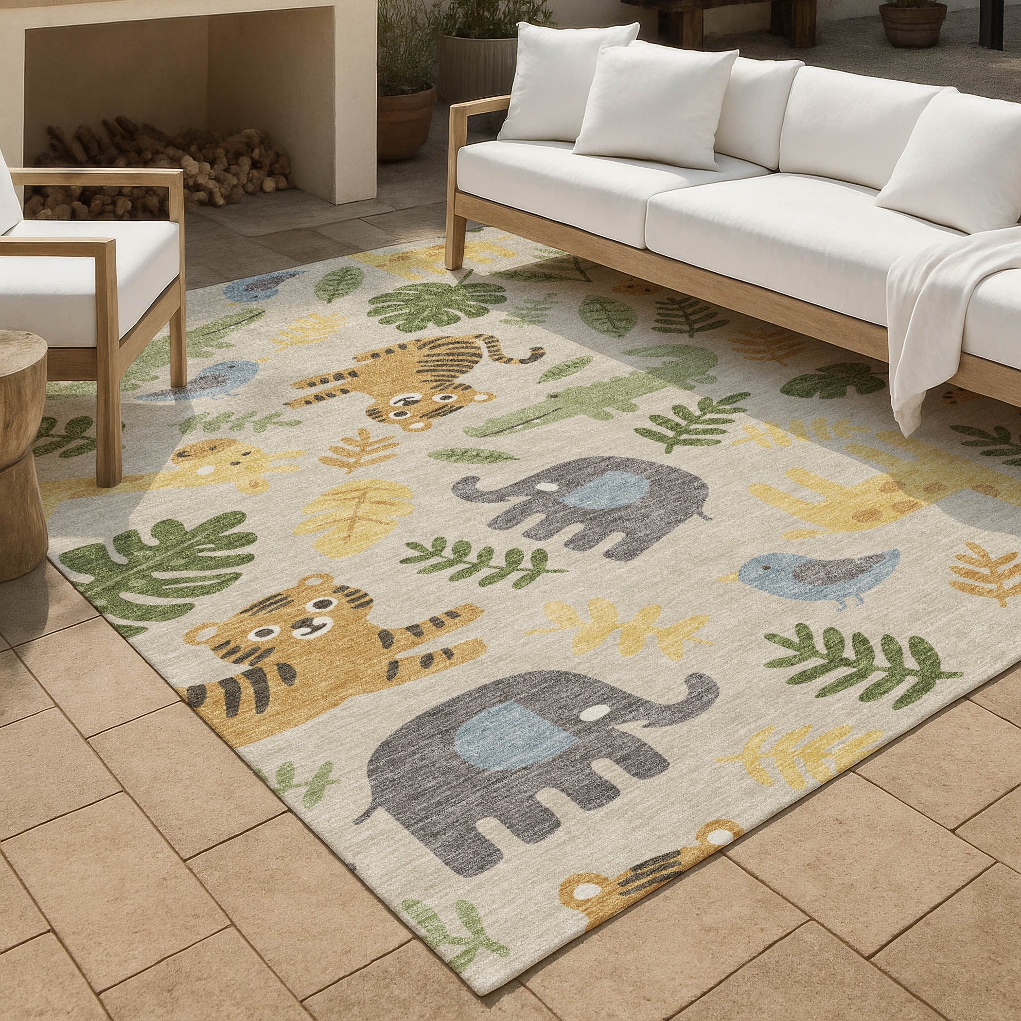 Machine Washable Indoor Outdoor Whimsy Safari Animals Chantille Rug