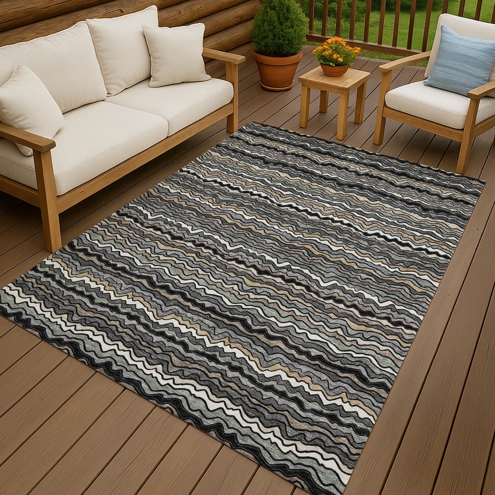 Machine Washable Indoor Outdoor Ziggy Stripe Chantille Rug
