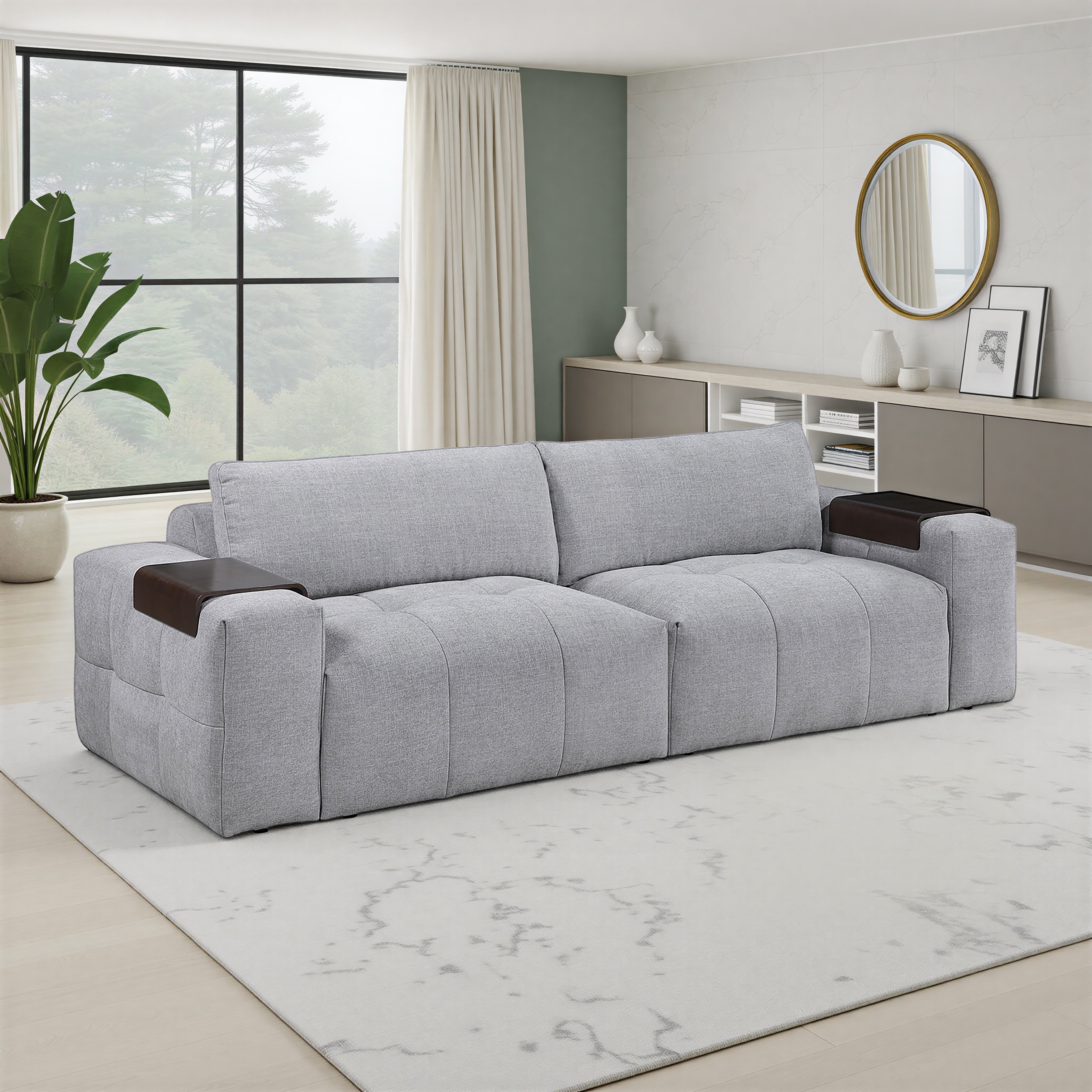Mackay 110 Textured Fabric 2 Seater Loveseat With Wooden Armrest Tray