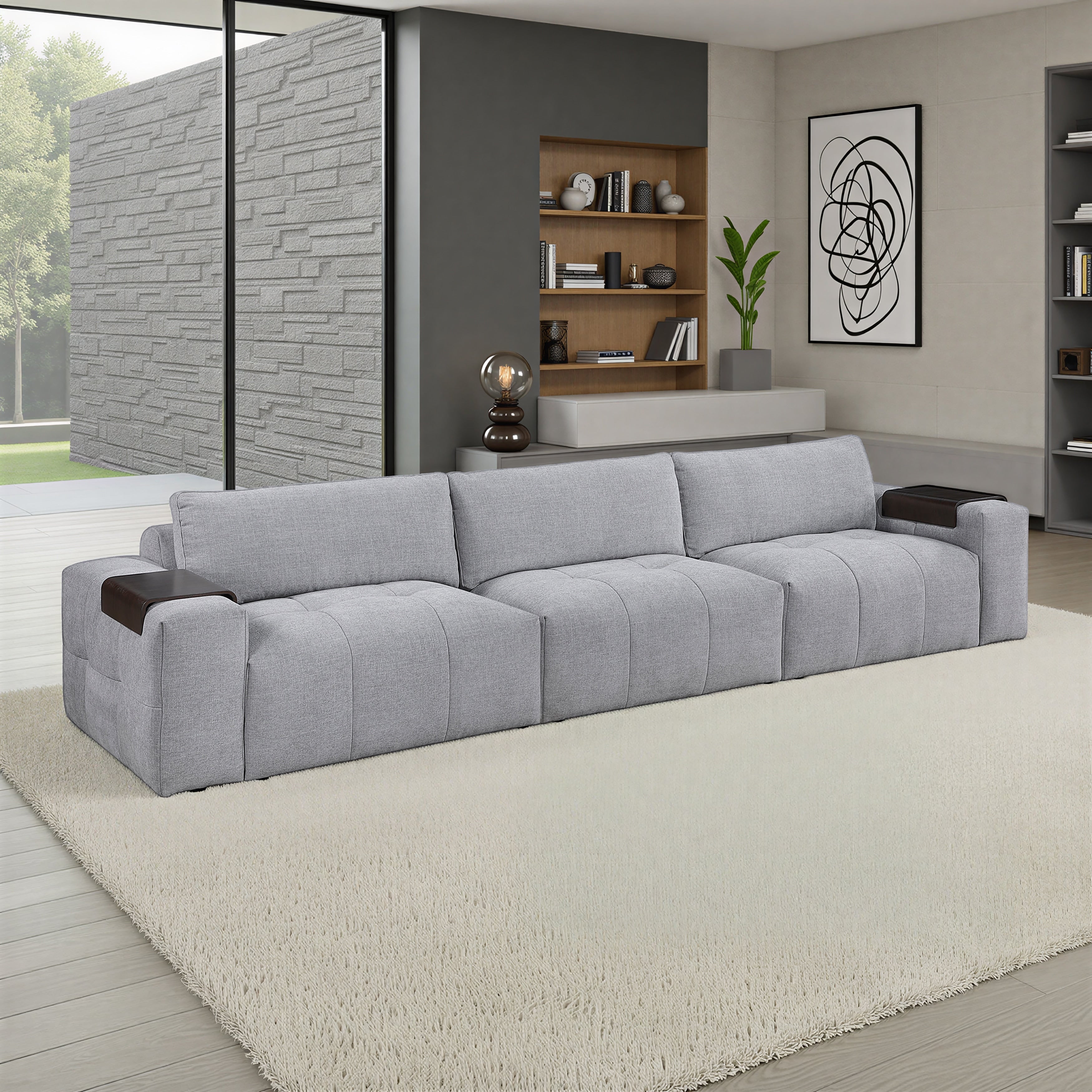 Mackay 154 Textured Fabric Sofa With Wooden Armrest Tray Tufted