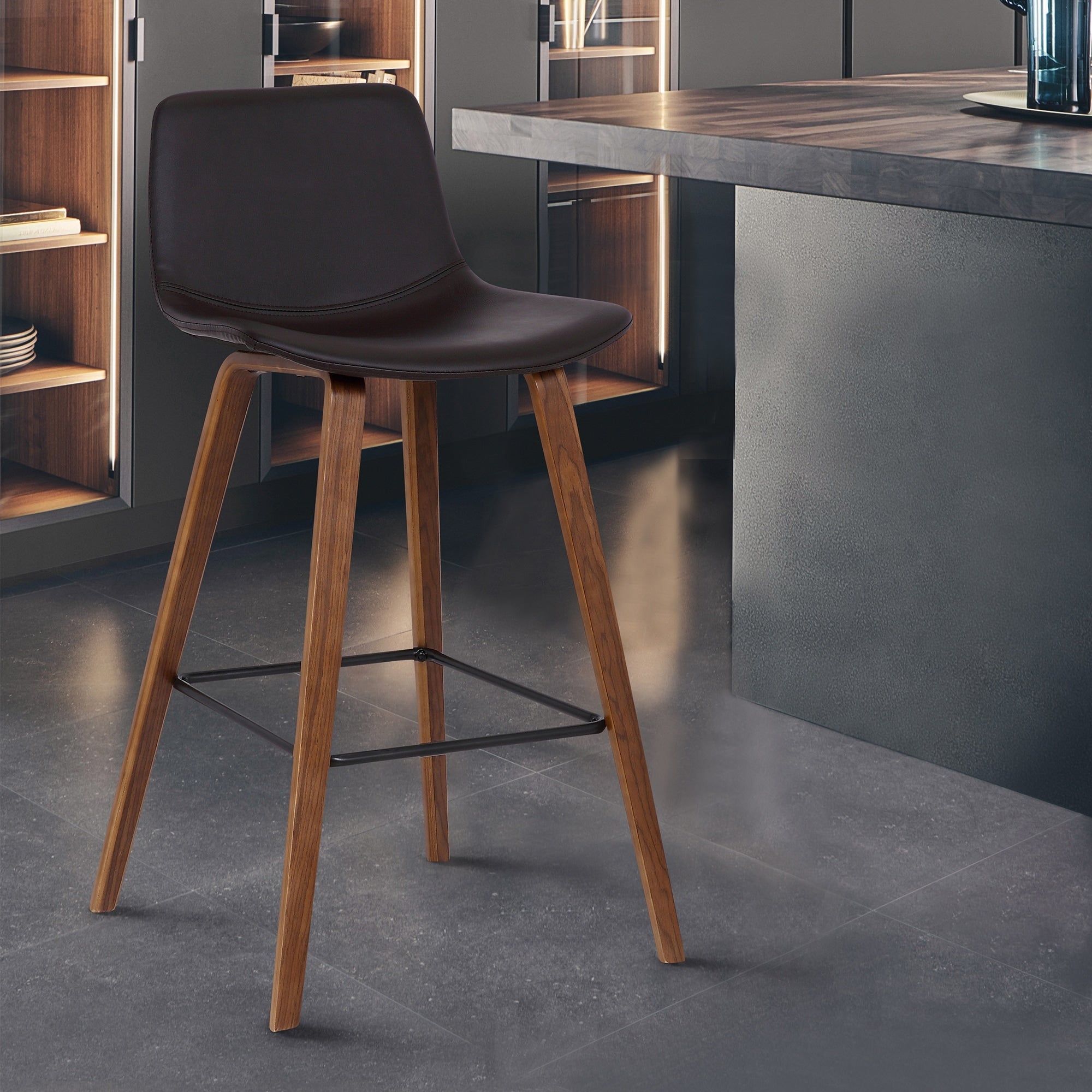 Maddie Mid Century Modern Barstool In Walnut Wood Finish With Black Powder Coated Finish And Brown Faux Leather