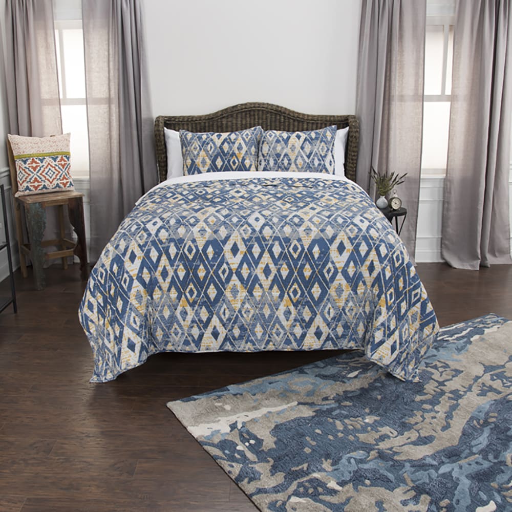 Maddux Place Blue Hand Quilted Cotton Reversible 3 Piece Quilt Set