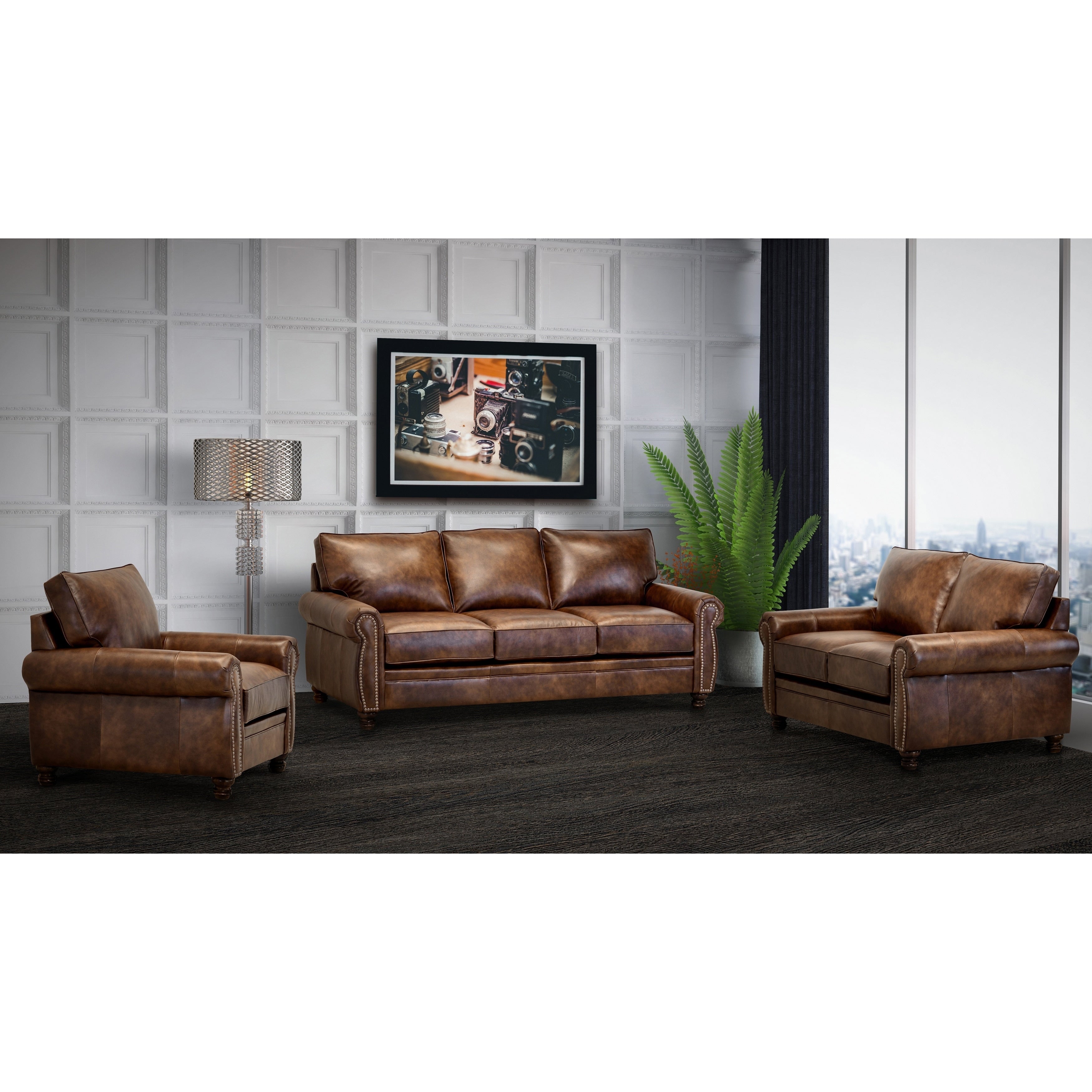 Made In Usa Cabot Brown Top Grain Leather Sofa Loveseat And Chair