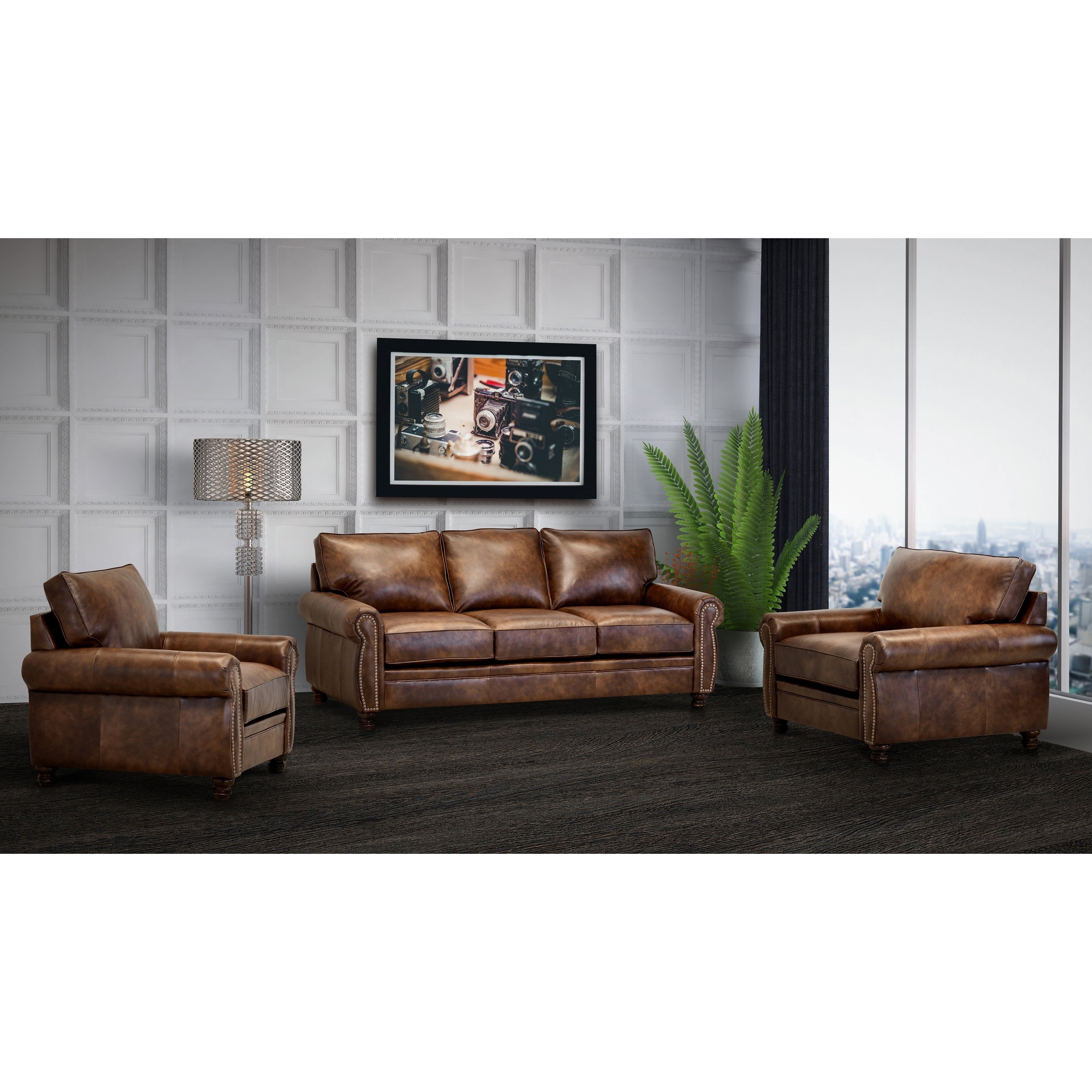 Made In Usa Cabot Brown Top Grain Leather Sofa And Two Chairs