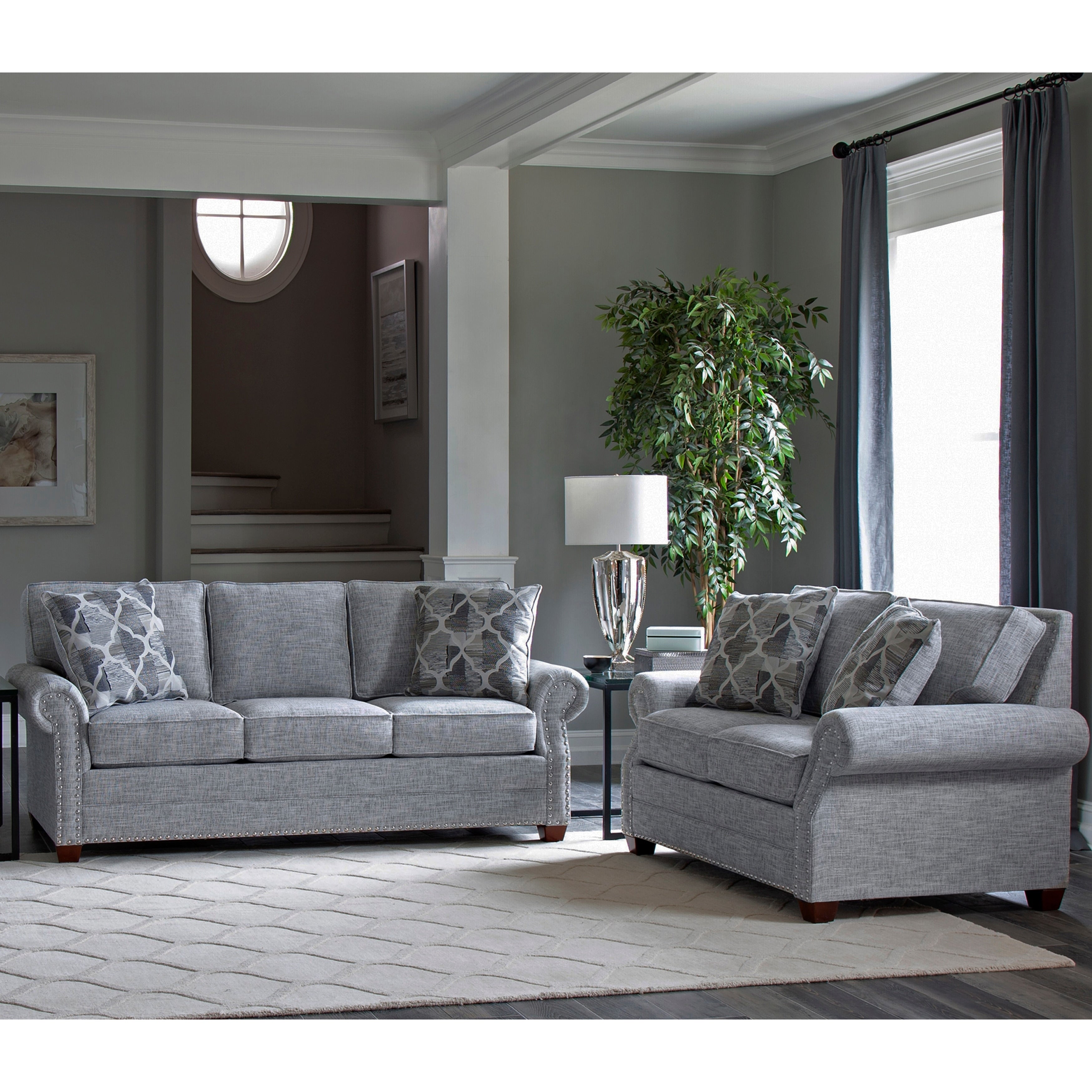 Made In Usa Marner Grey Fabric Sofa And Loveseat With Nailhead Trim