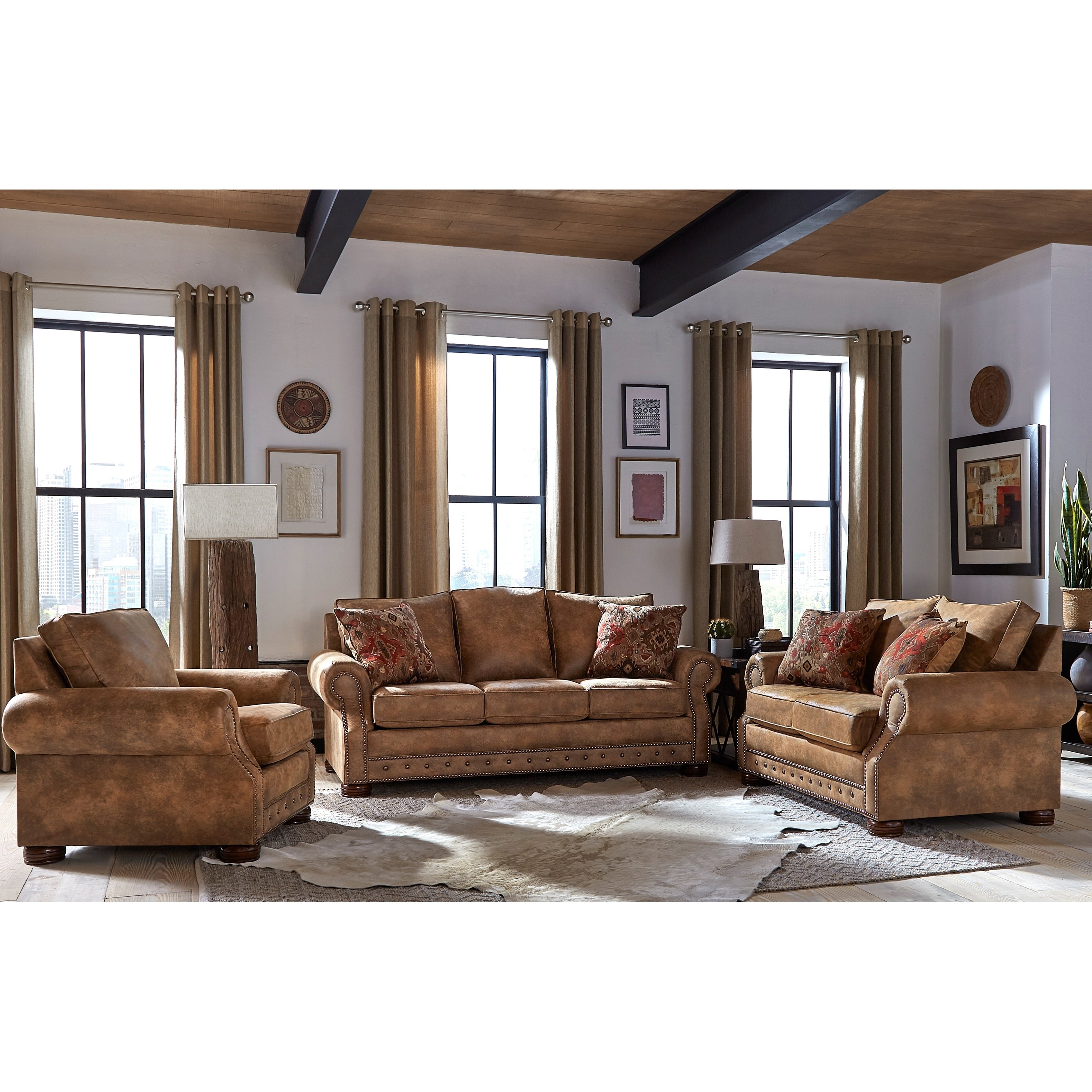 Made In Usa Rancho Rustic Brown Buckskin Fabric Sofa Bed Loveseat And Chair