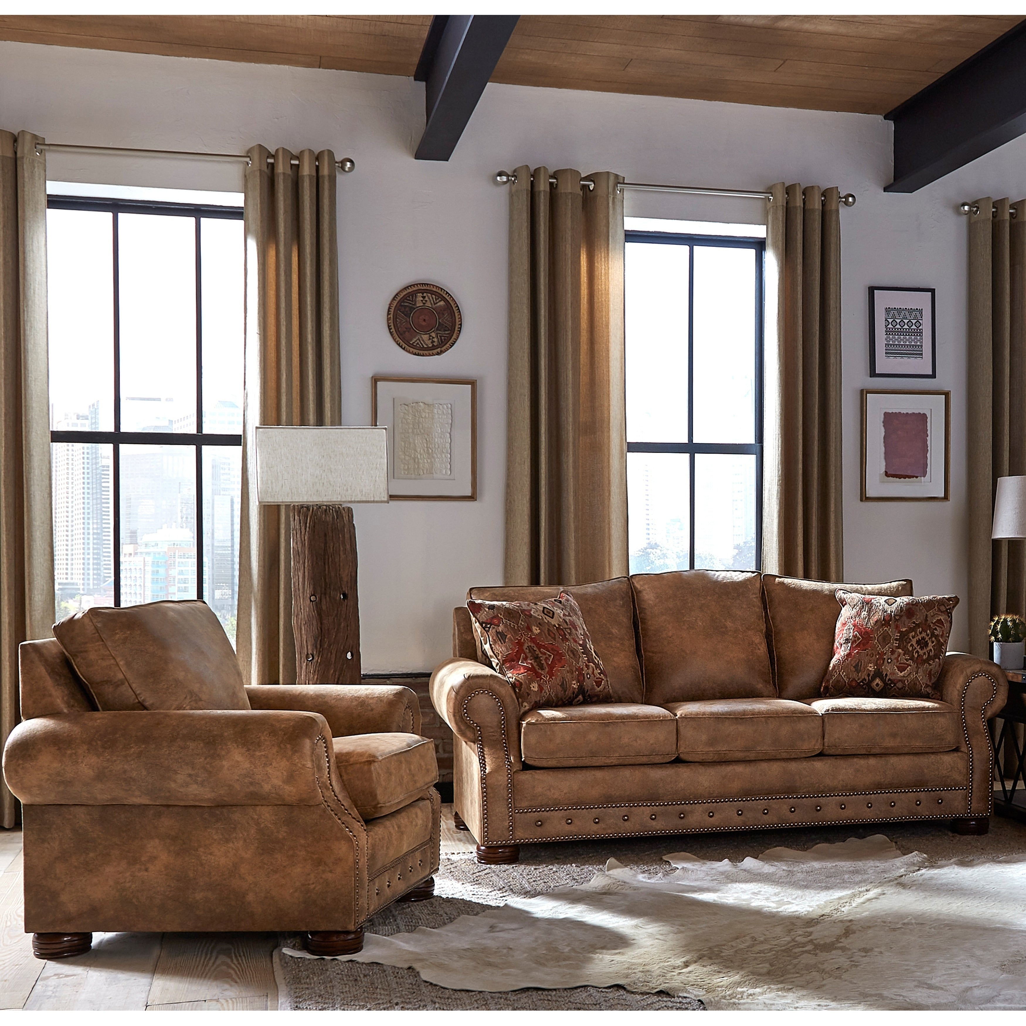 Made In Usa Rancho Rustic Brown Buckskin Fabric Sofa Bed And Chair