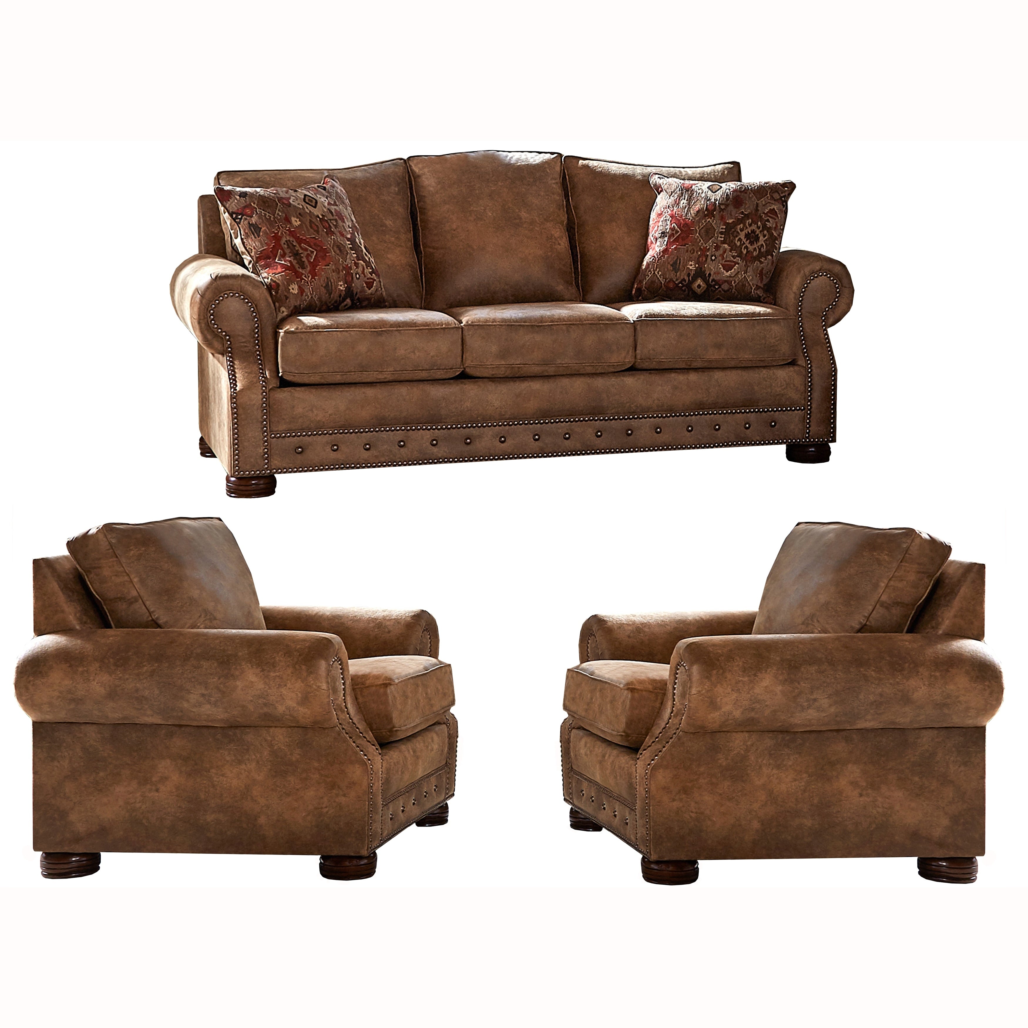 Made In Usa Rancho Rustic Brown Buckskin Fabric Sofa And Two Chairs
