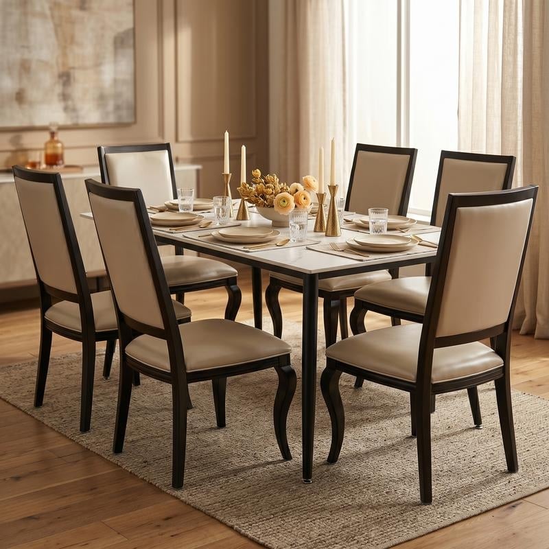 Madera Luxury High Back Dining Chair Easy Care Leather Rust Proof Aluminum Wood Finish Frame Fully Assembled