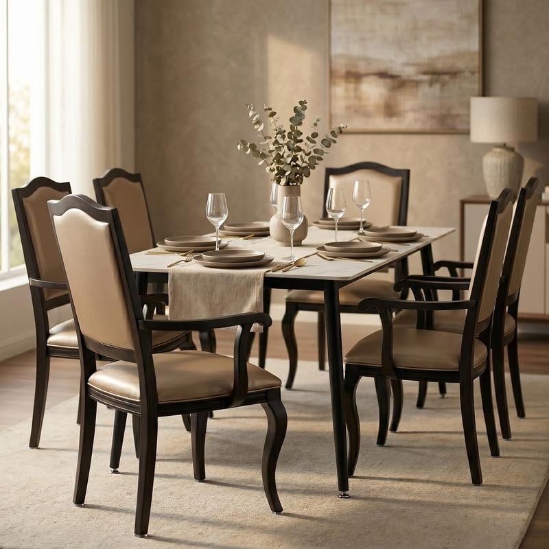 Madera Modern High Back Dining Chair Arched Wood Look Aluminum Frame Leather Seat Cabriole Legs Fully Assembled