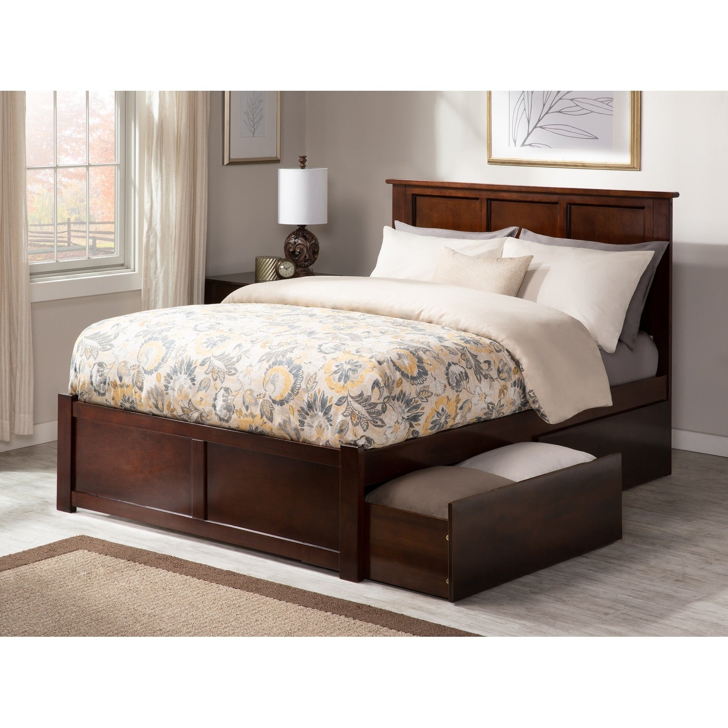 Madison King Platform Bed With Flat Panel Foot Board And 2 Urban Bed Drawers In Walnut