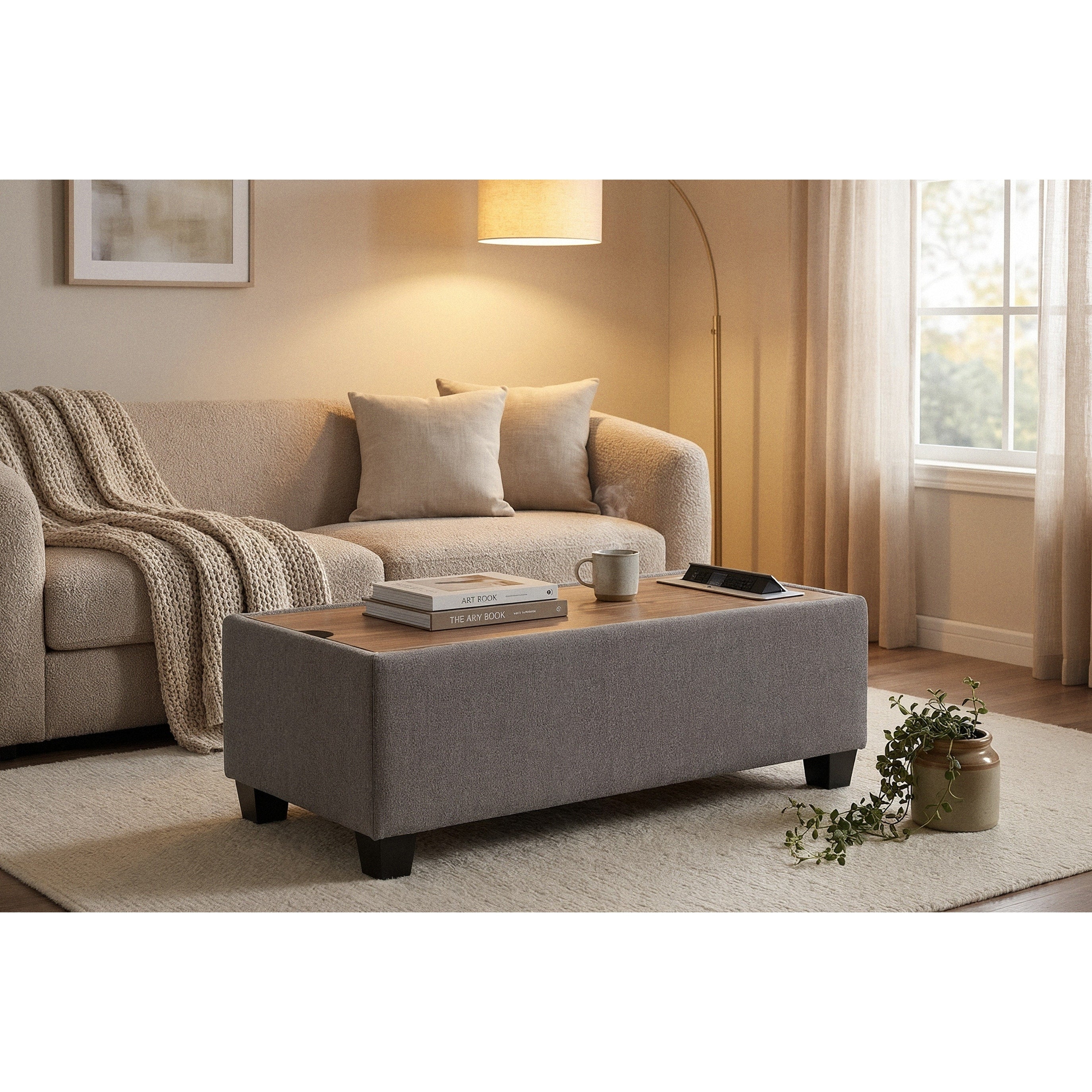 Madison Light Gray Upholstered Storage Ottoman Console Table With Wooden Top 2 Usb Ports 2 Ac Charging Ports