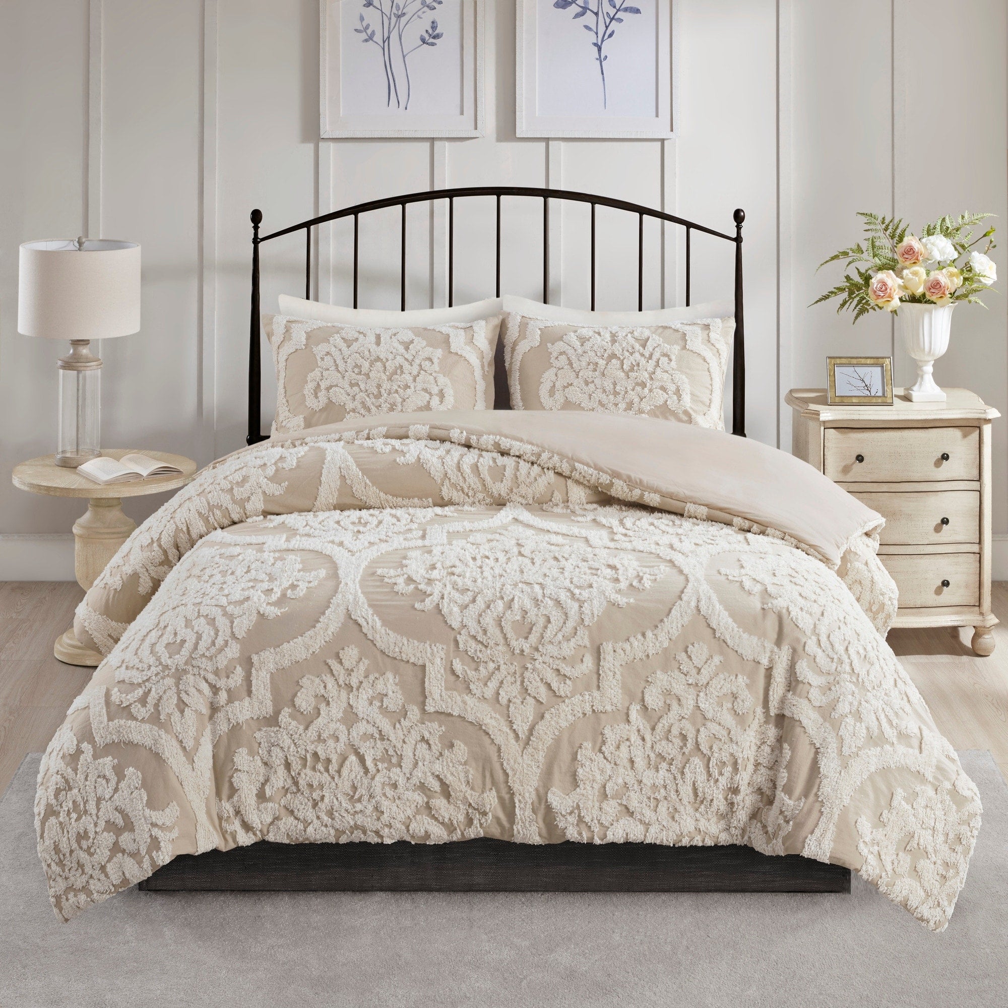 Madison Park Aeriela White 3 Piece Tufted Cotton Chenille Damask Comforter Set