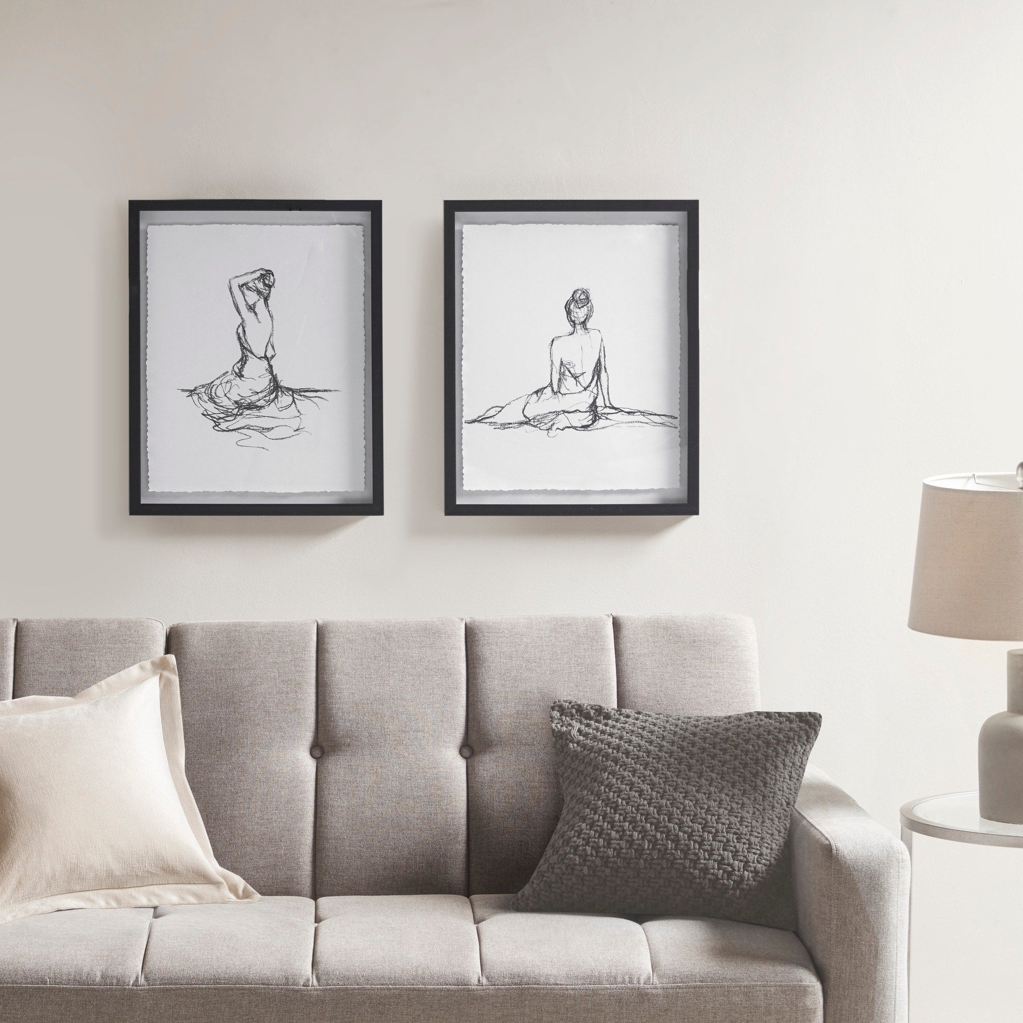 Madison Park Feminine Figures Black White Deckle Edge Sketch 2 Piece Framed Wall Art Set