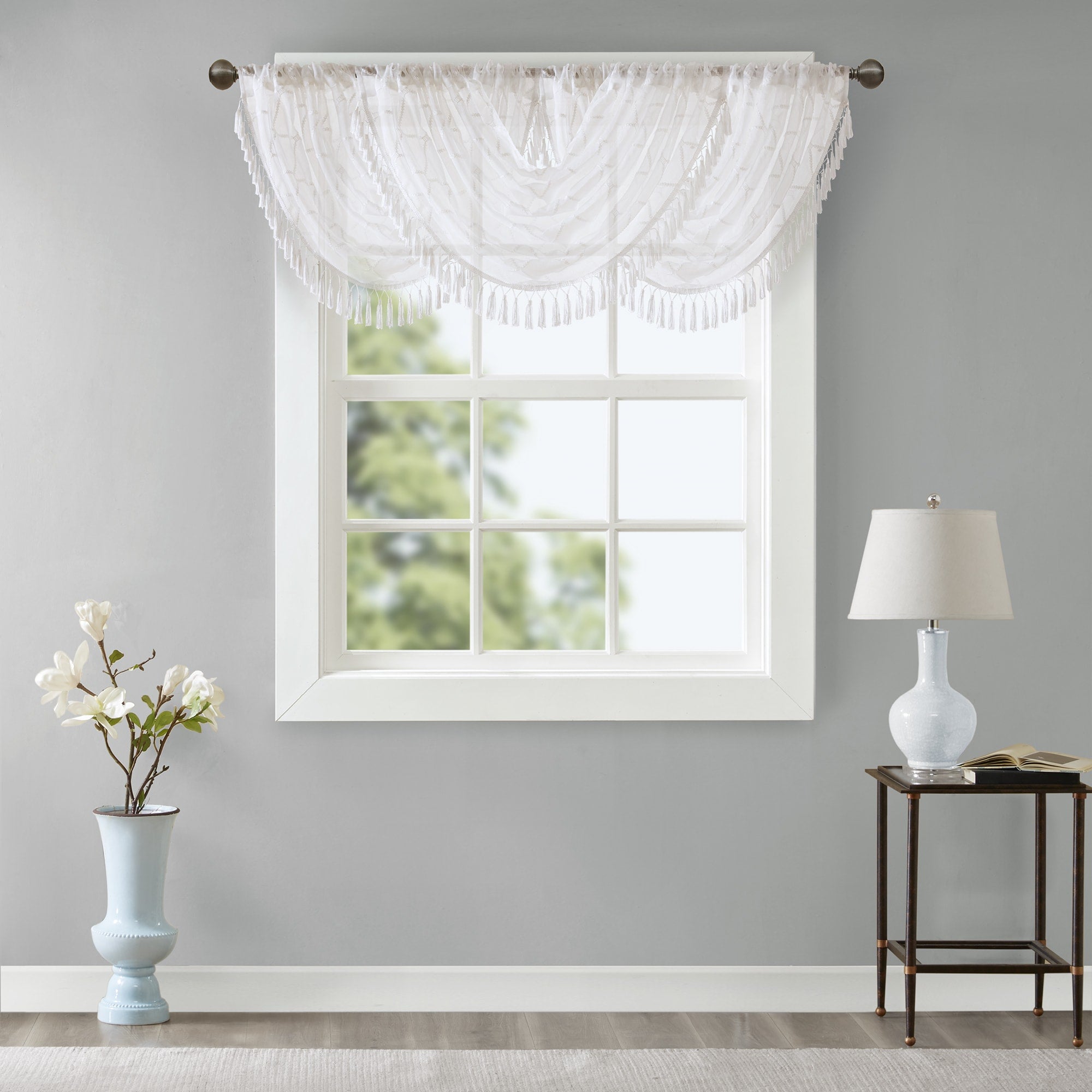 Madison Park Iris Diamond Sheer Embroidered Waterfall Rod Pocket Valance