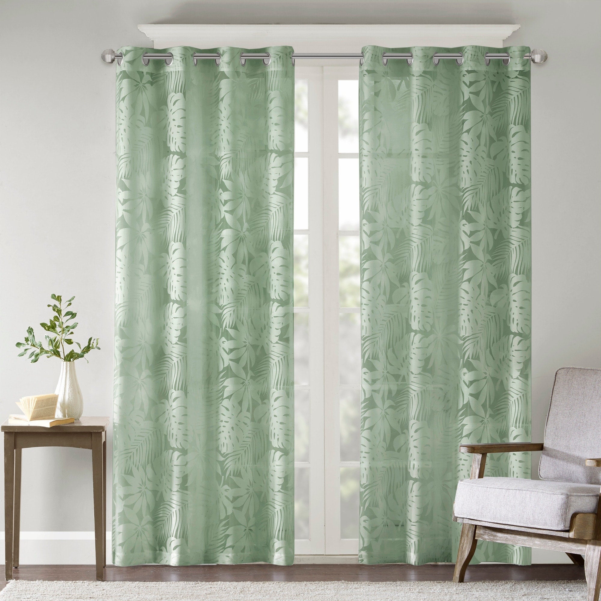Madison Park Kauna White Palm Leaf Burnout Grommet Single Window Curtain Panel