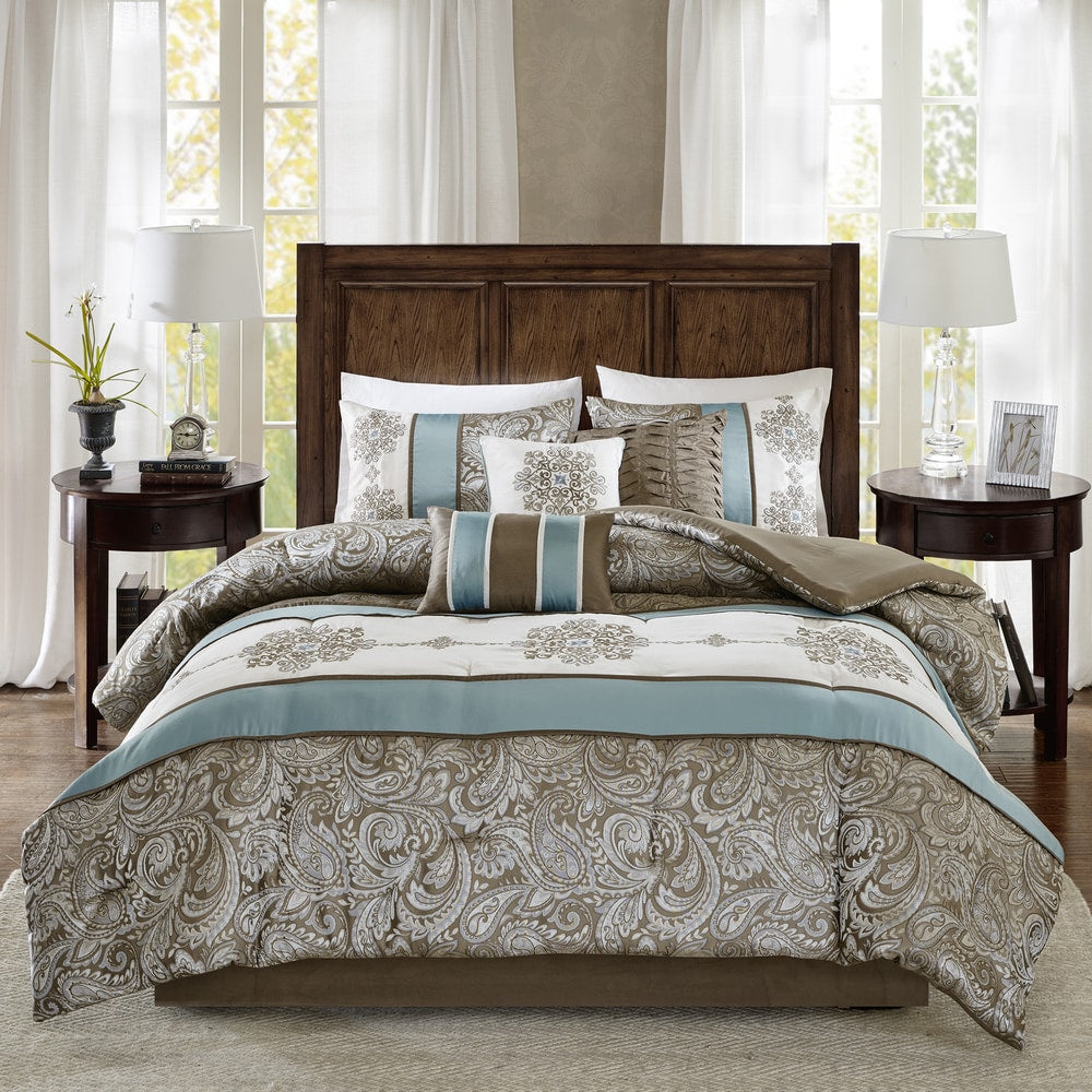 Madison Park Lorraine Blue Jacquard 7 Piece Comforter Set