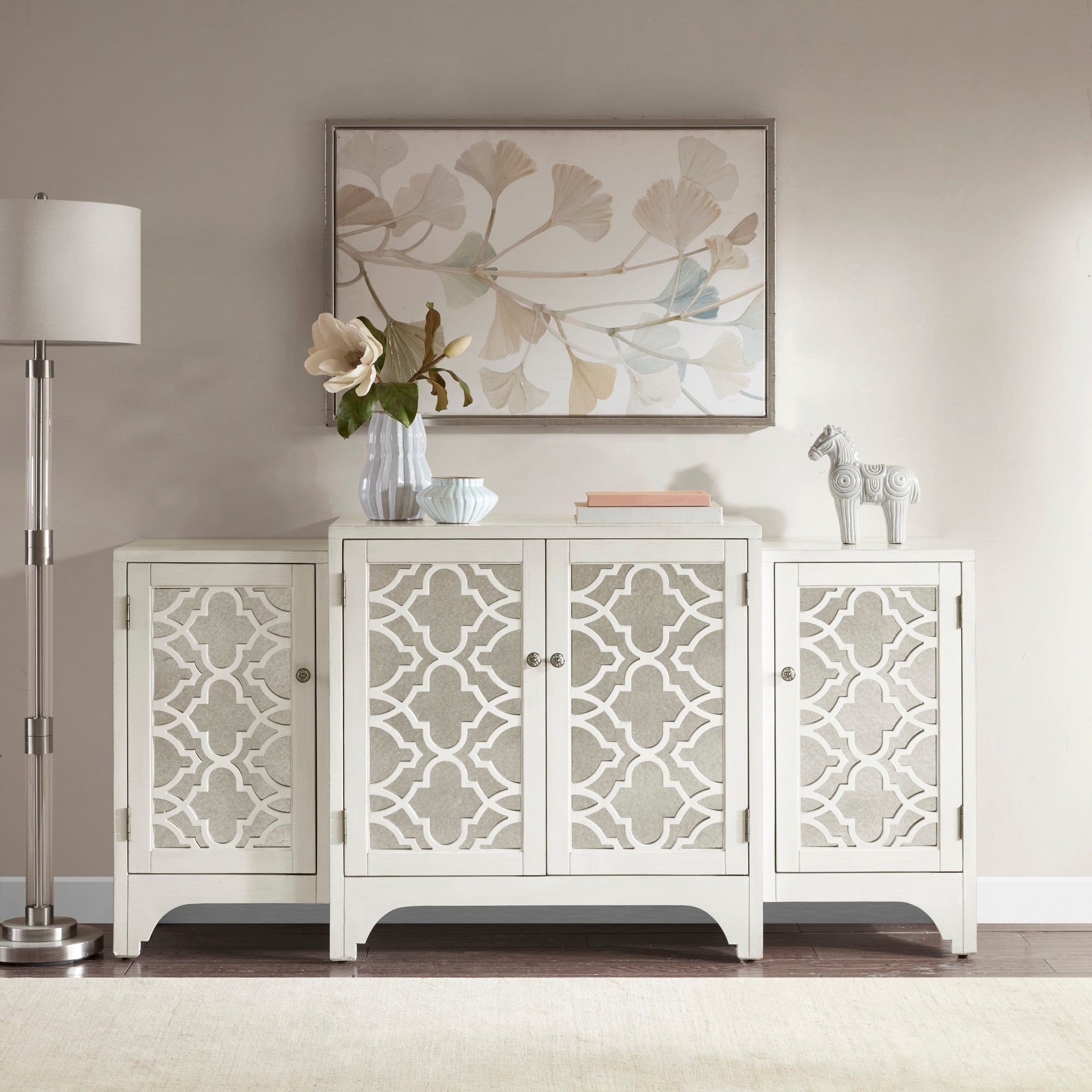 Madison Park Nevaeh Cream Dining Buffet Server Quatrefoil Design With Mirrored Doors