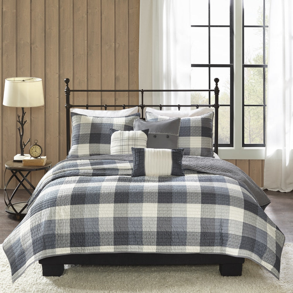 Madison Park Pioneer Grey 6 Pieces Printed Quilted Herringbone Coverlet Set