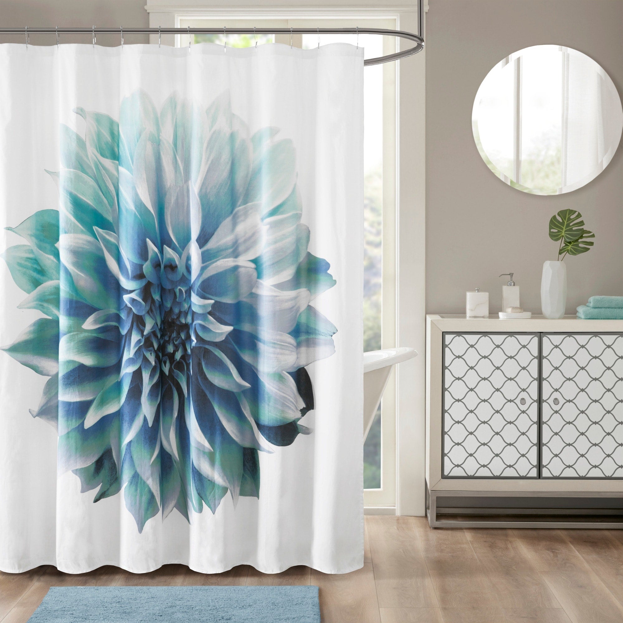 Madison Park Quinn Aqua Cotton Percale Floral Printed Shower Curtain