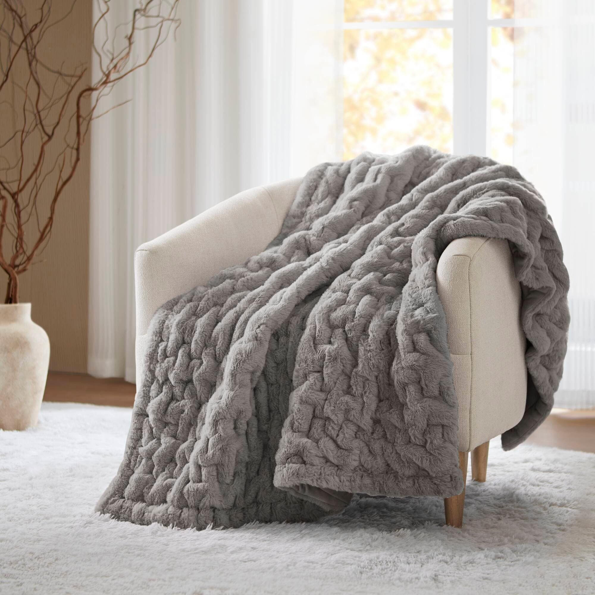 Madison Park Ruched Fur Solid Brushed Long Fur Knitted Throw