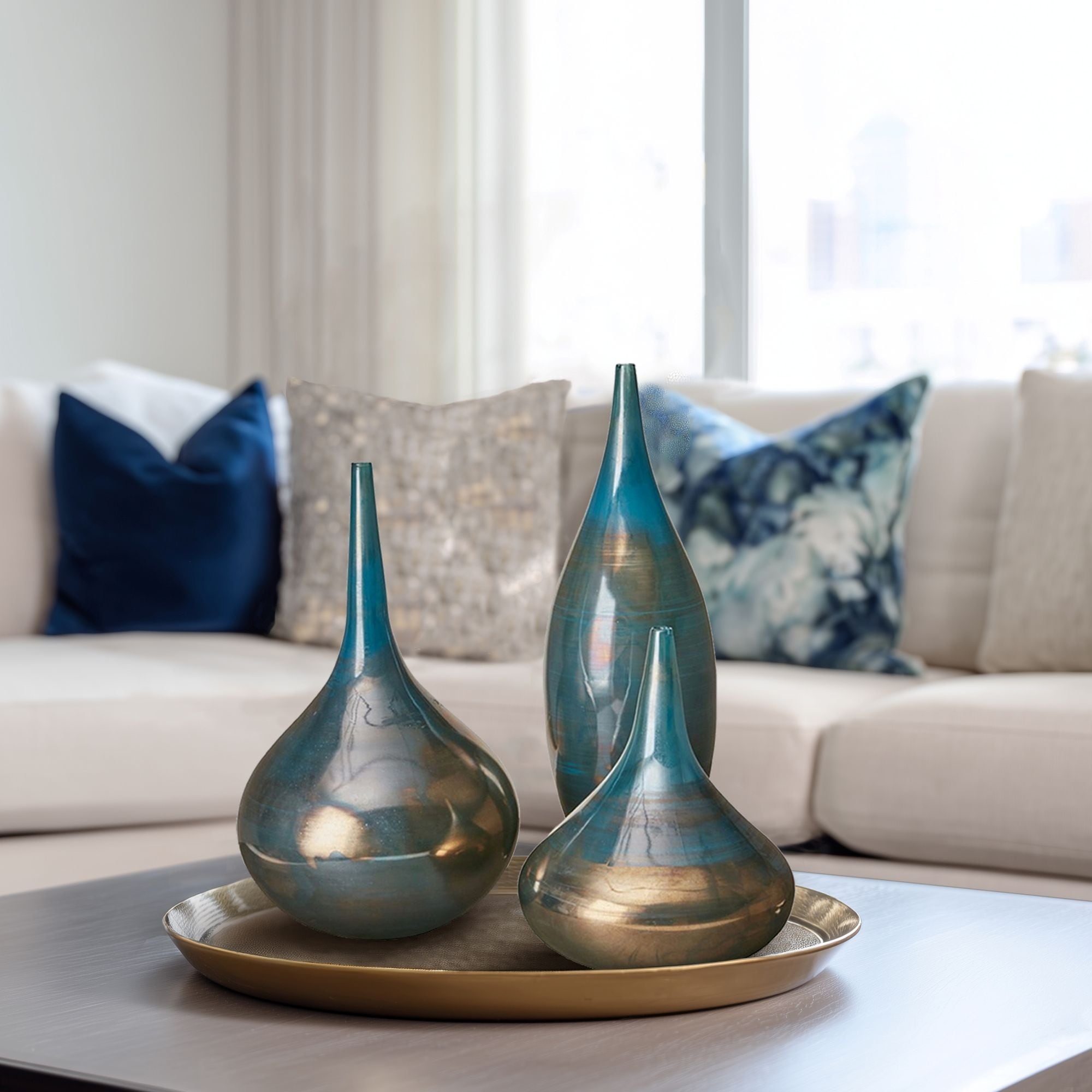Madison Park Signature Aurora Blue Metal Handmade Rainbow Glass Vase Set Of 3