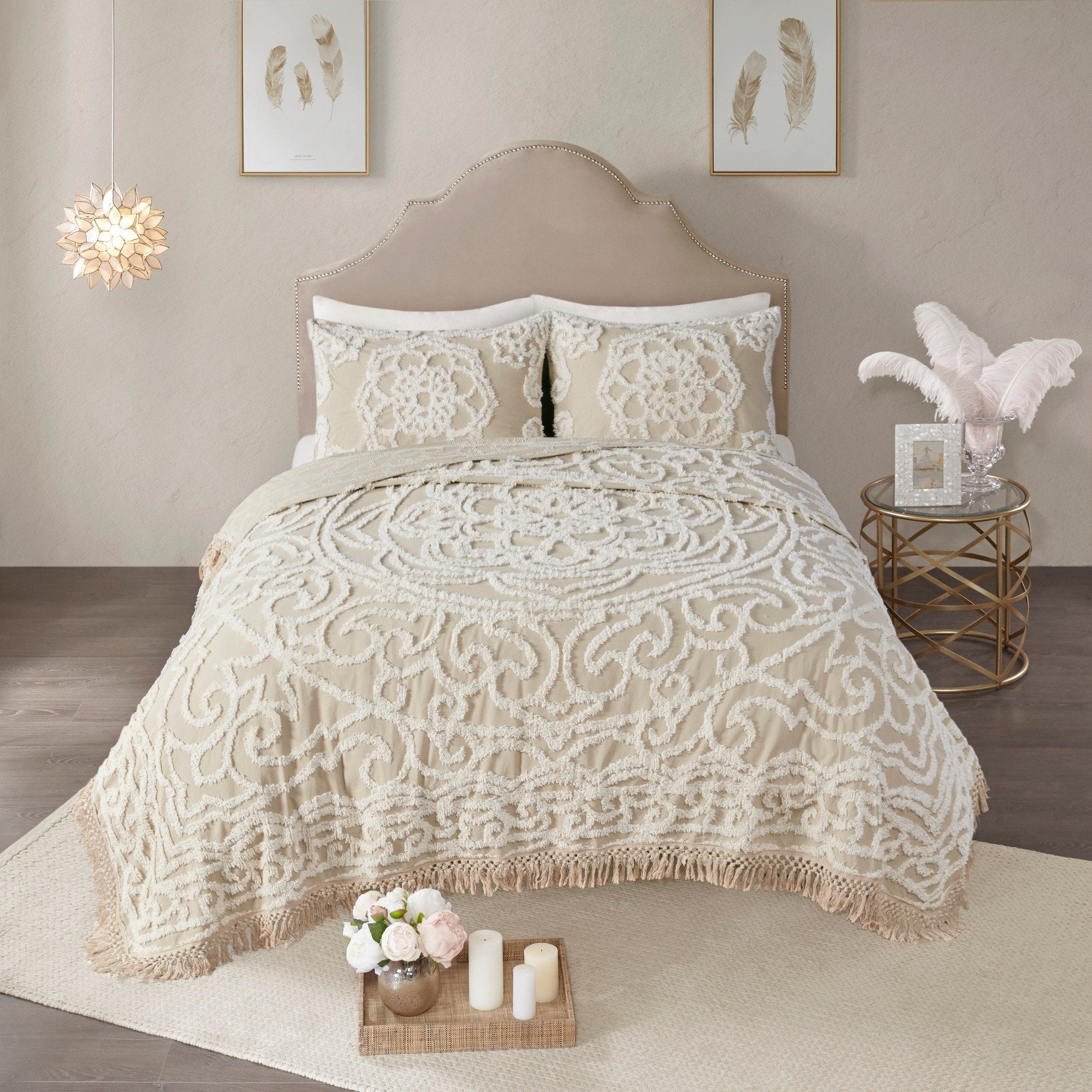 Madison Park Virginia Ivory 3 Piece Tufted Cotton Chenille Medallion Fringe Coverlet Set