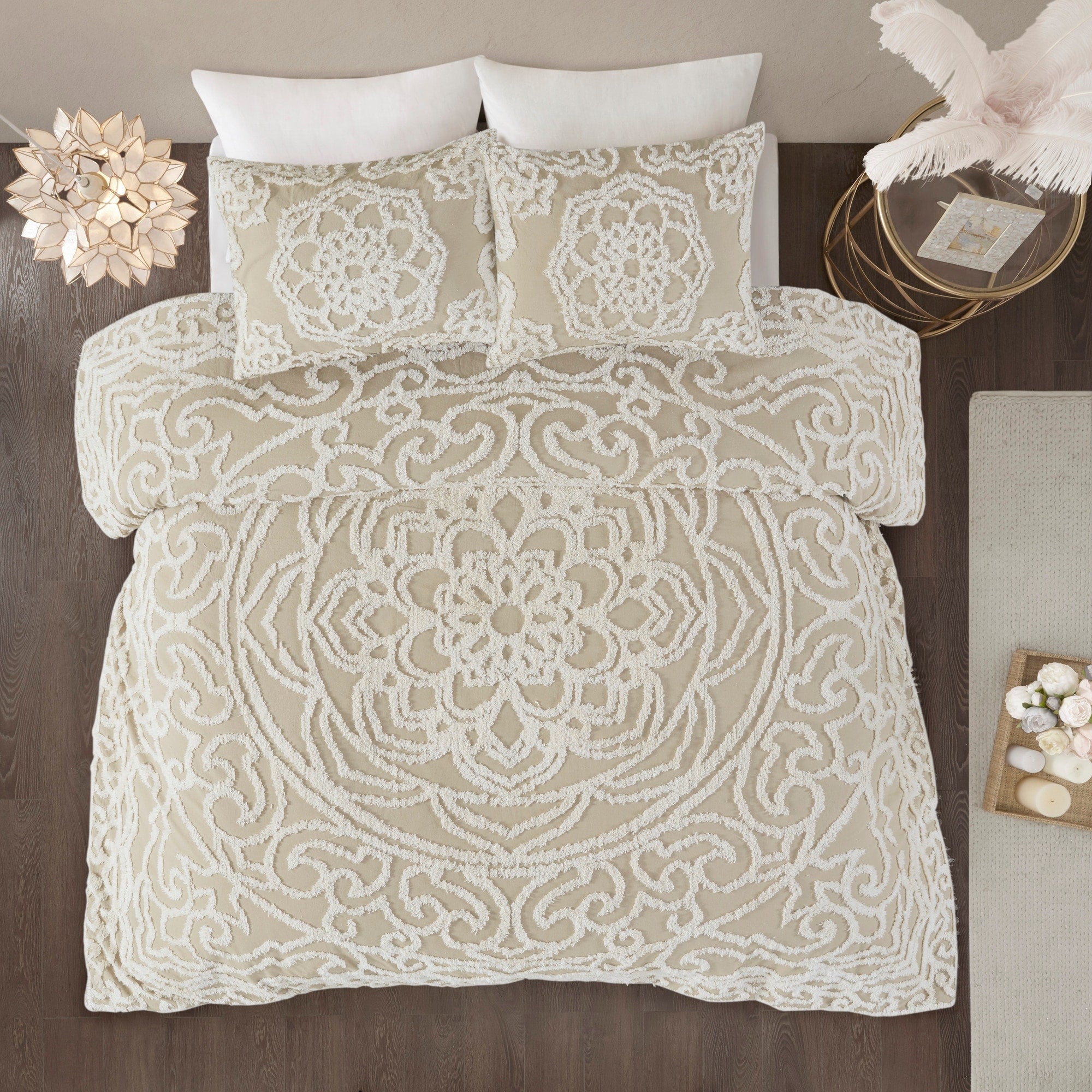 Madison Park Virginia Ivory 3 Piece Tufted Cotton Chenille Medallion Duvet Cover Set