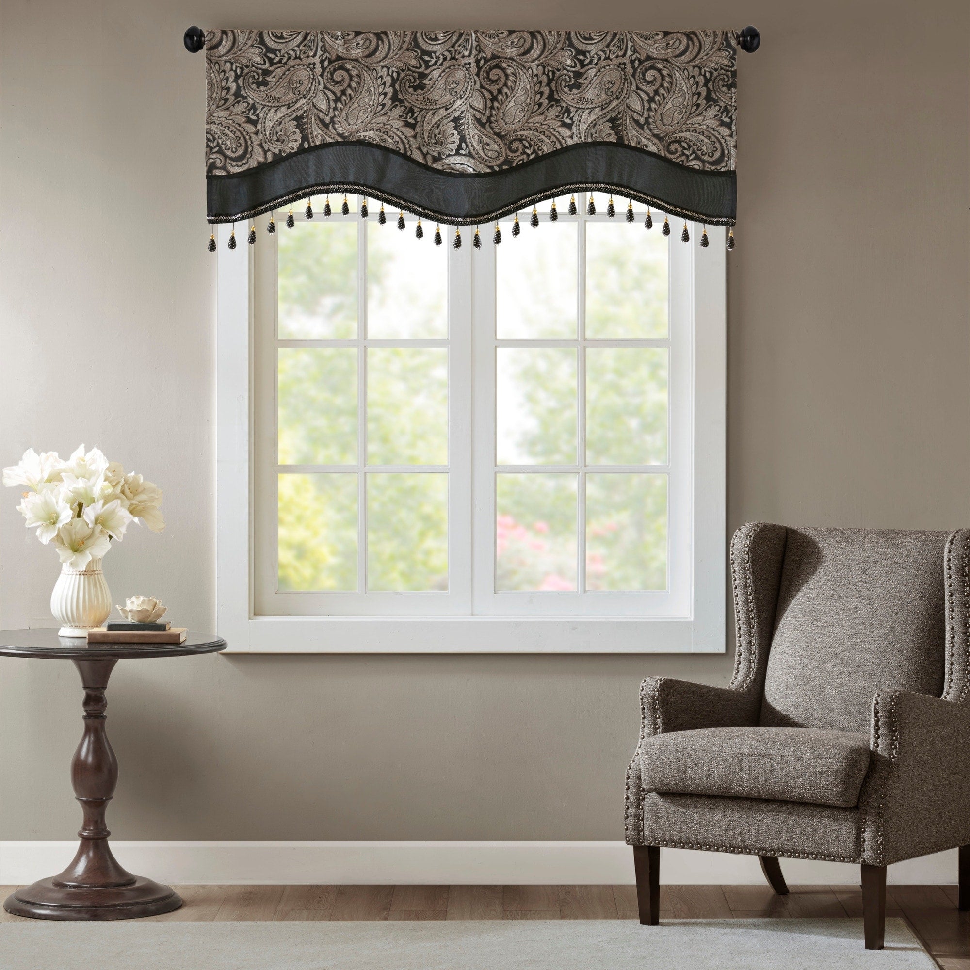 Madison Park Wellington Jacquard Window Rod Pocket Valance With Beads 3 Color Option