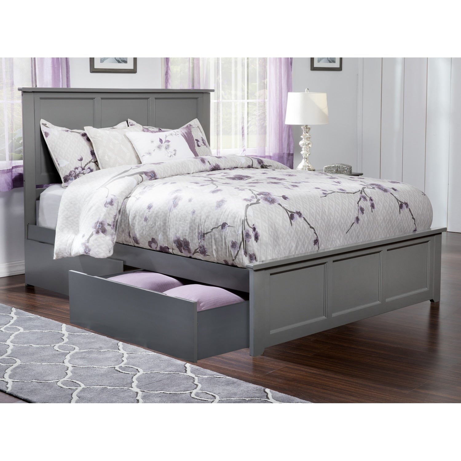 Madison Queen Platform Bed With Matching Foot Board With 2 Urban Bed Drawers In Atlantic Grey