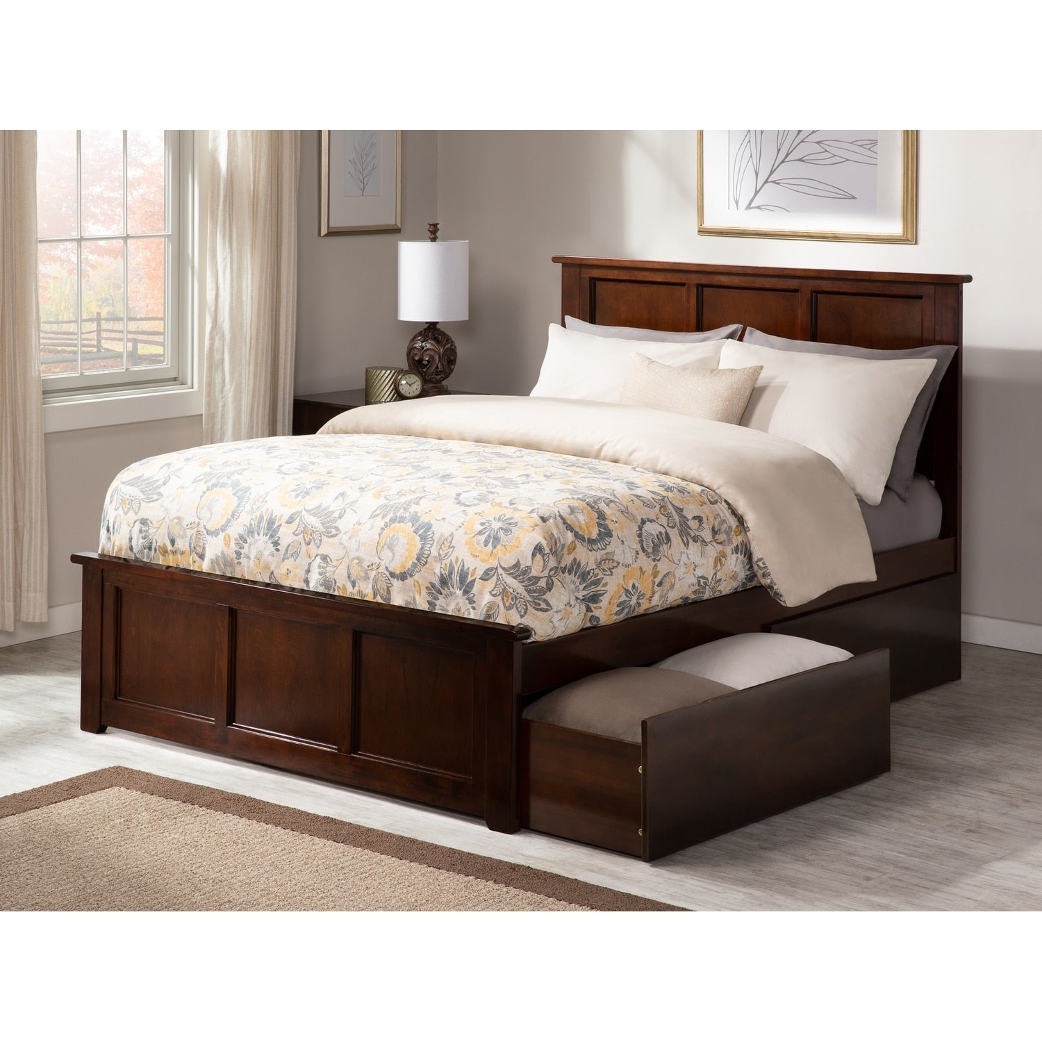 Madison Queen Bed With Matching Foot Board With 2 Urban Bed Drawers In Walnut