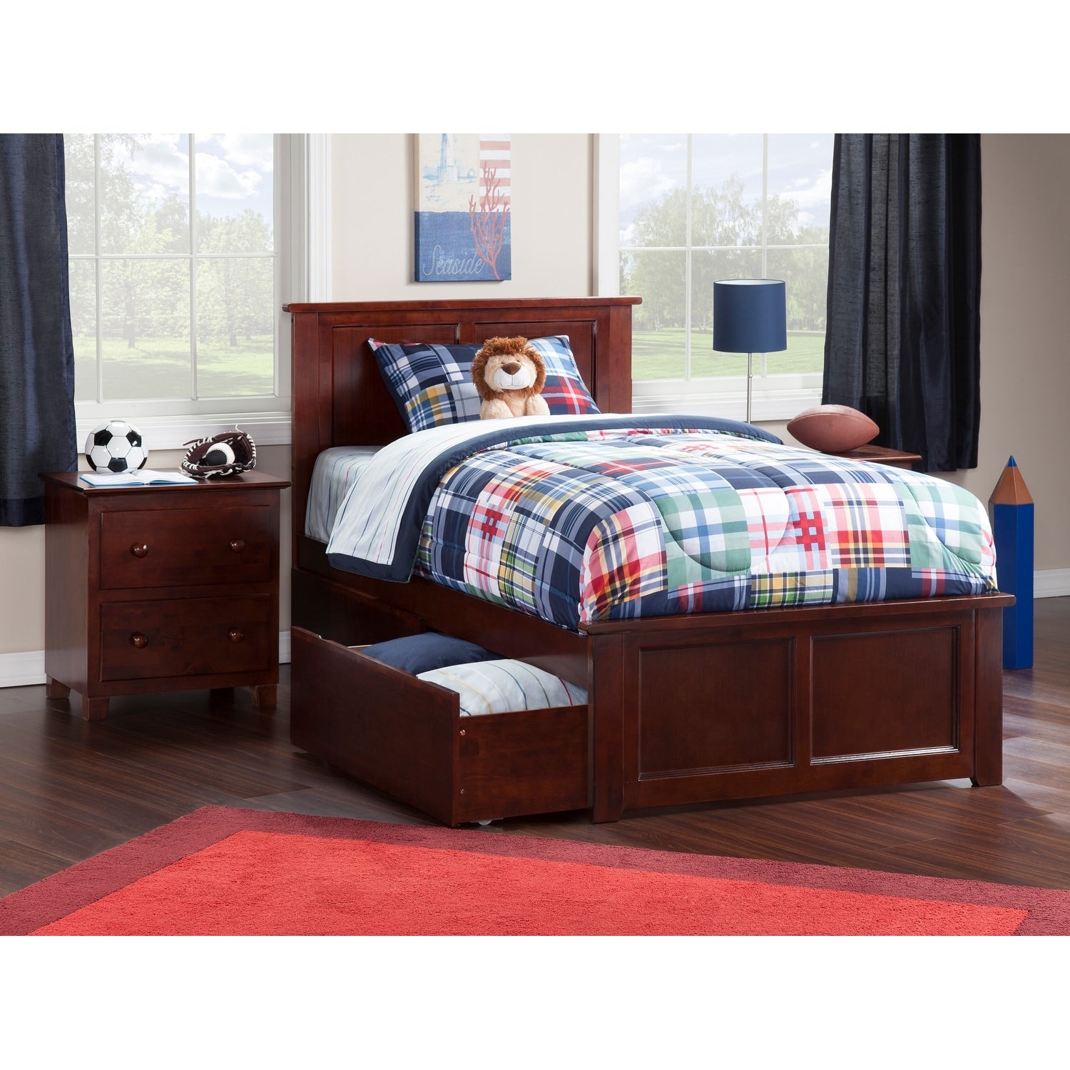 Madison Twin Xl Platform Bed With Matching Foot Board With 2 Urban Bed Drawers In Walnut