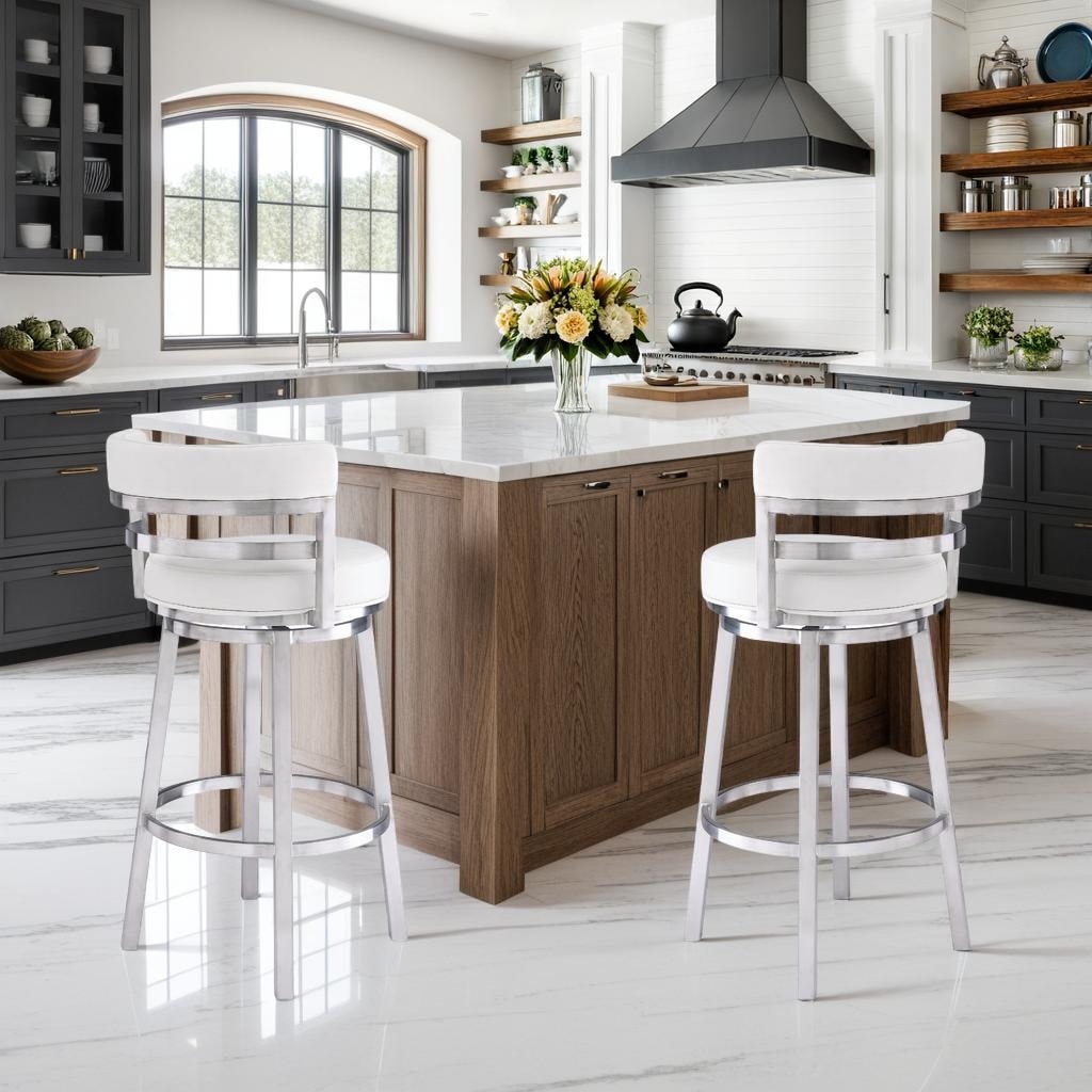 Reese Contemporary 30 Bar Height Barstool In Brushed Stainless Steel Finish And White Faux Leather