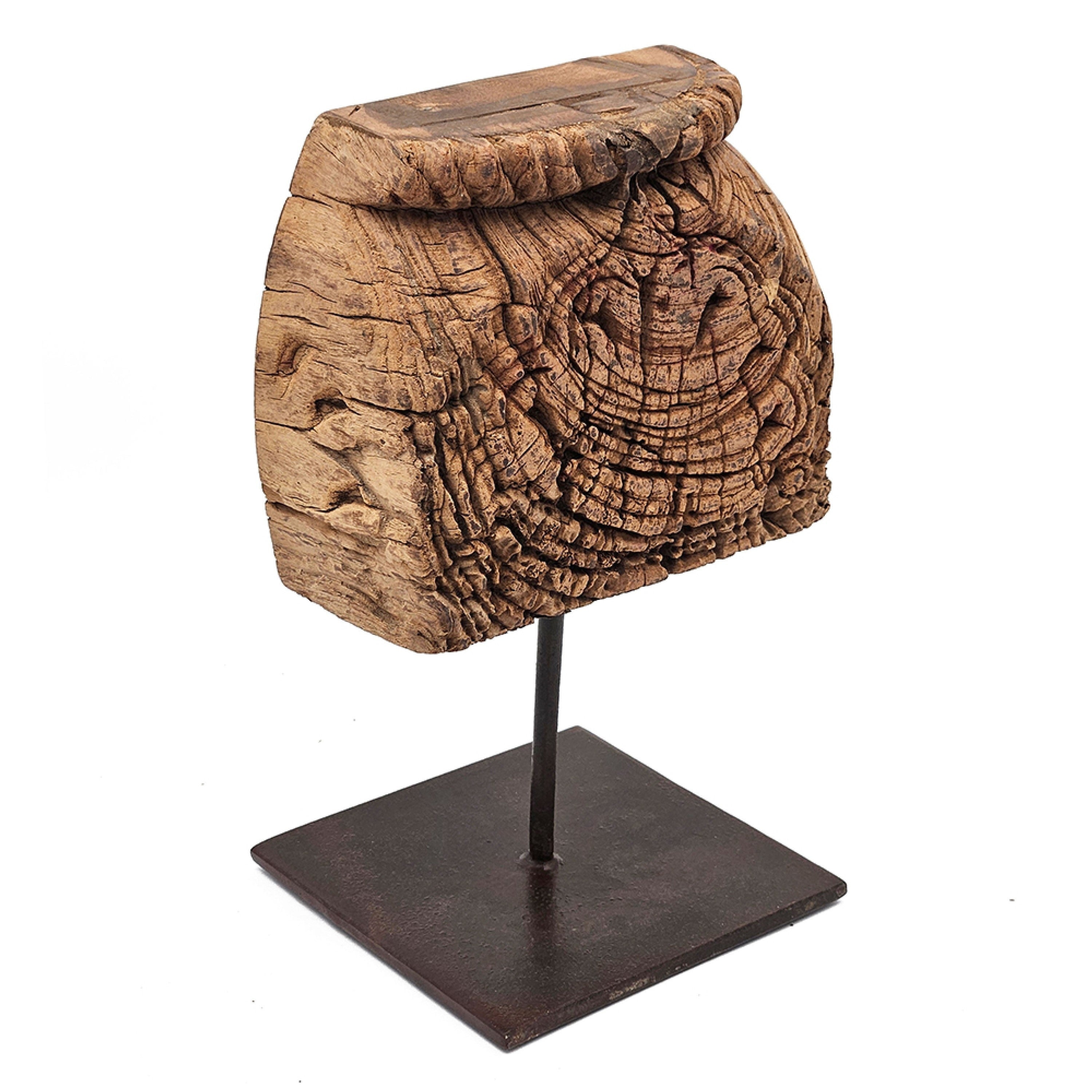 Mae Hand Carved Decorative Pillar Metal Stand Antique Wood 16 Inch