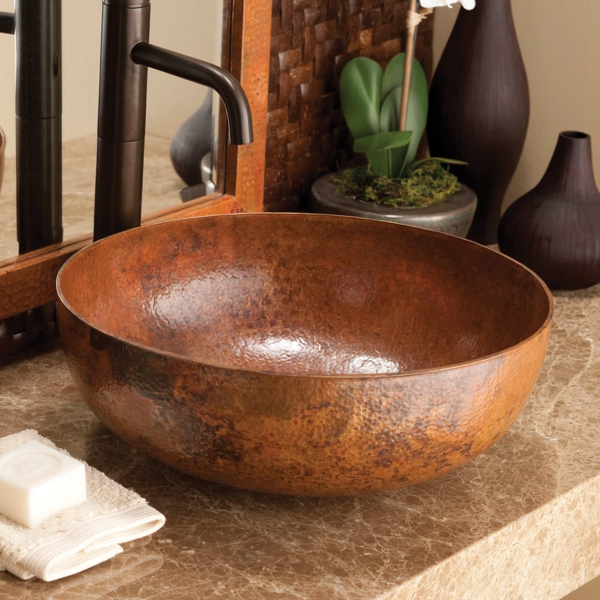Maestro Tempered Copper Vessel Round Bathroom Sink