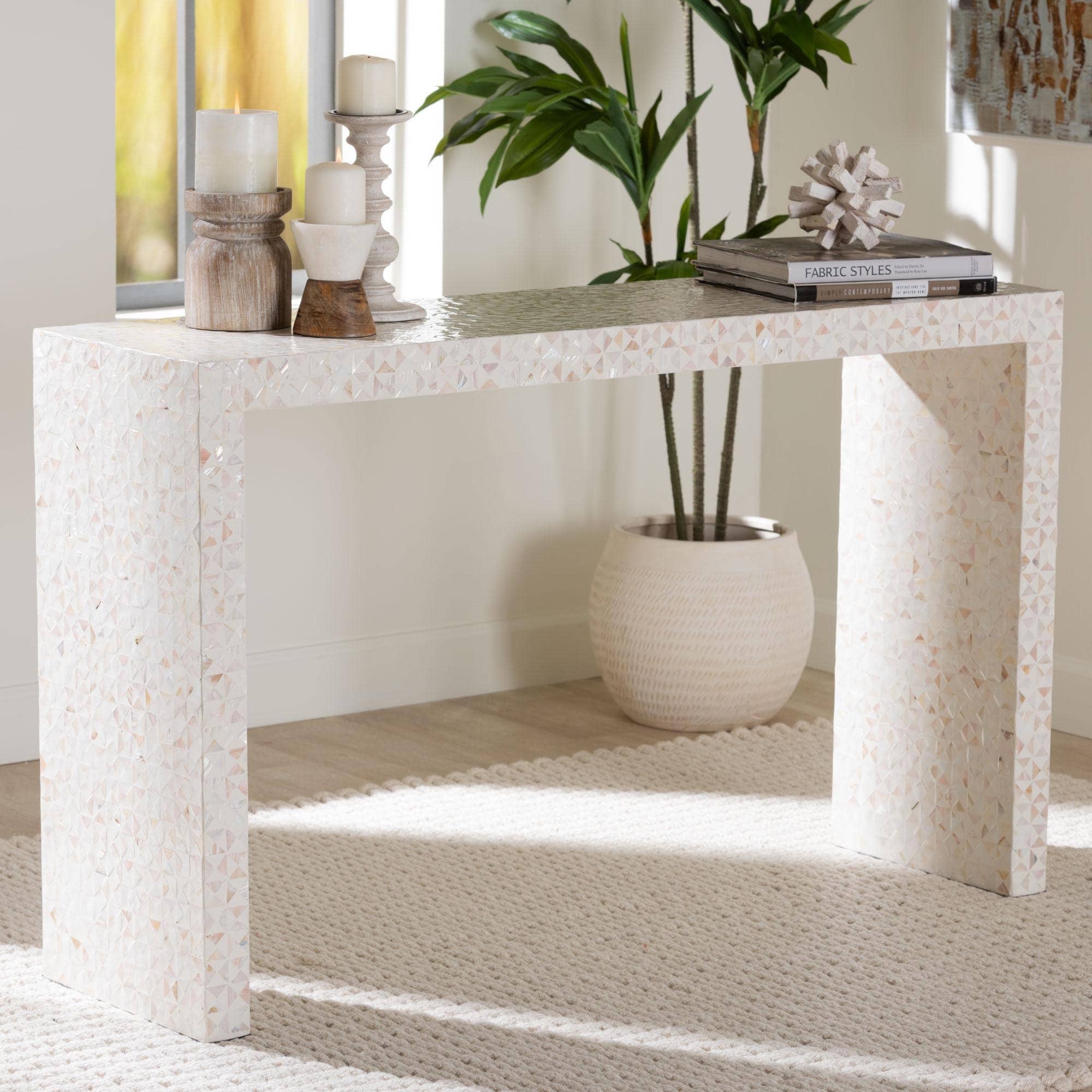 Magara Capiz Shell Console Table Mother Of Pearl Waterfall Accent Table With Textured Inlay Surface For Living Room Or Hallway