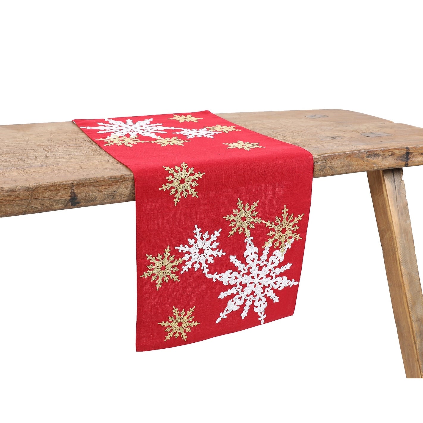 Magical Snowflakes Crewel Embroidered Christmas Table Runner 16 By 36 Inch Red