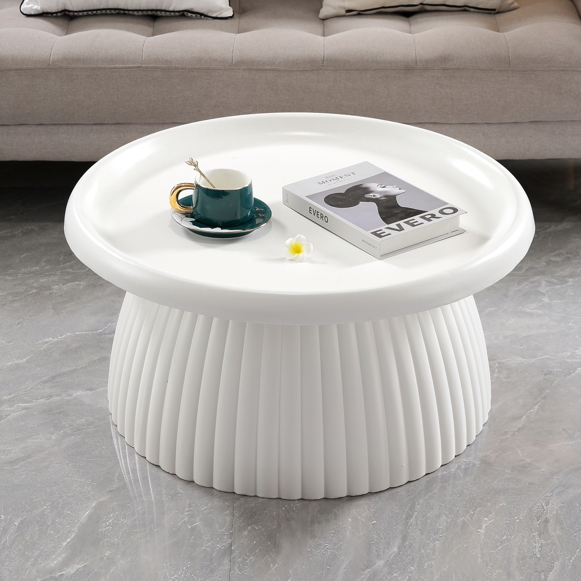 Magnesium Oxide Fluted Pedestal Coffee Table 27.56 Diameter Round Center Table