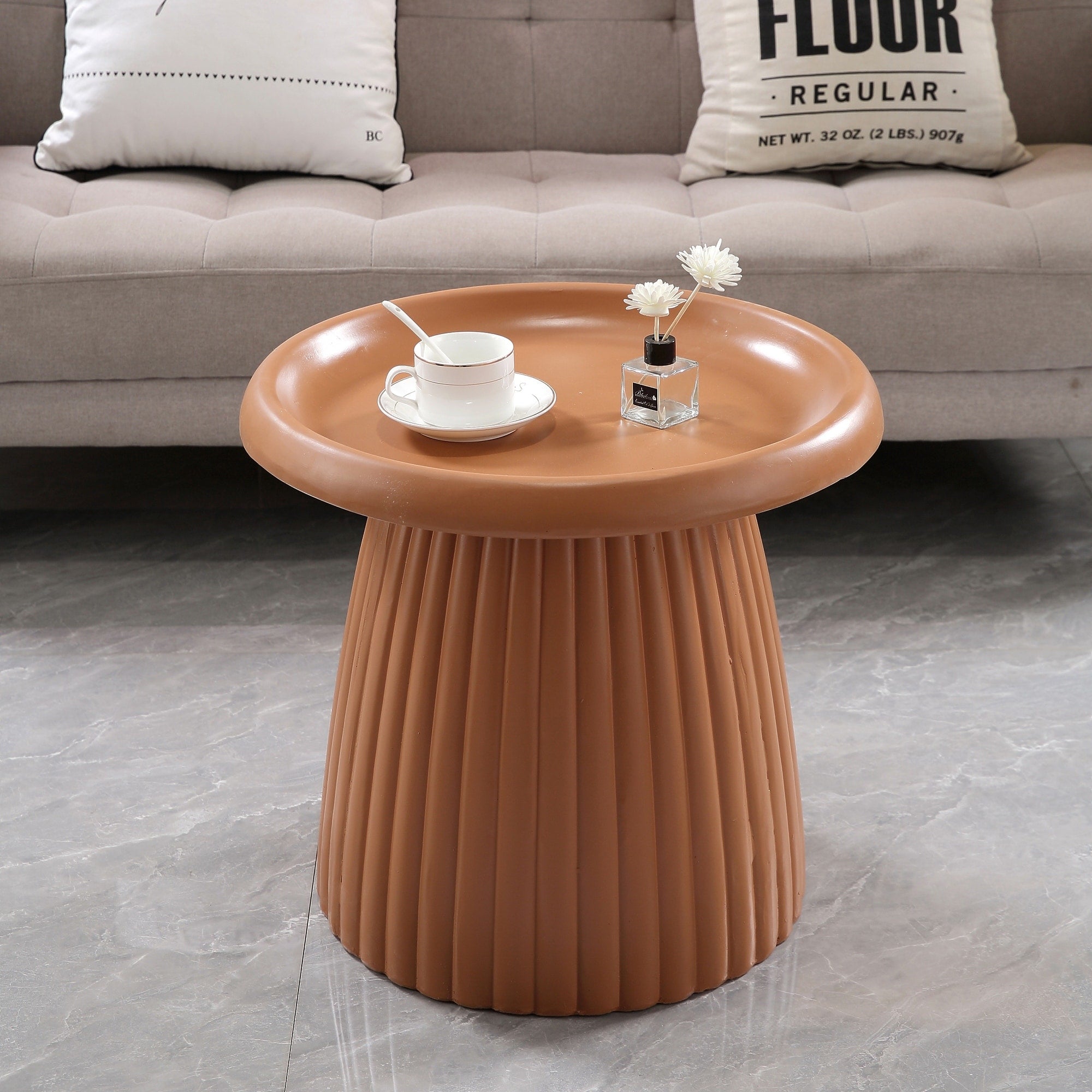 Magnesium Oxide Fluted Pedestal Side Table 19.69 Diameter Round Accent Table