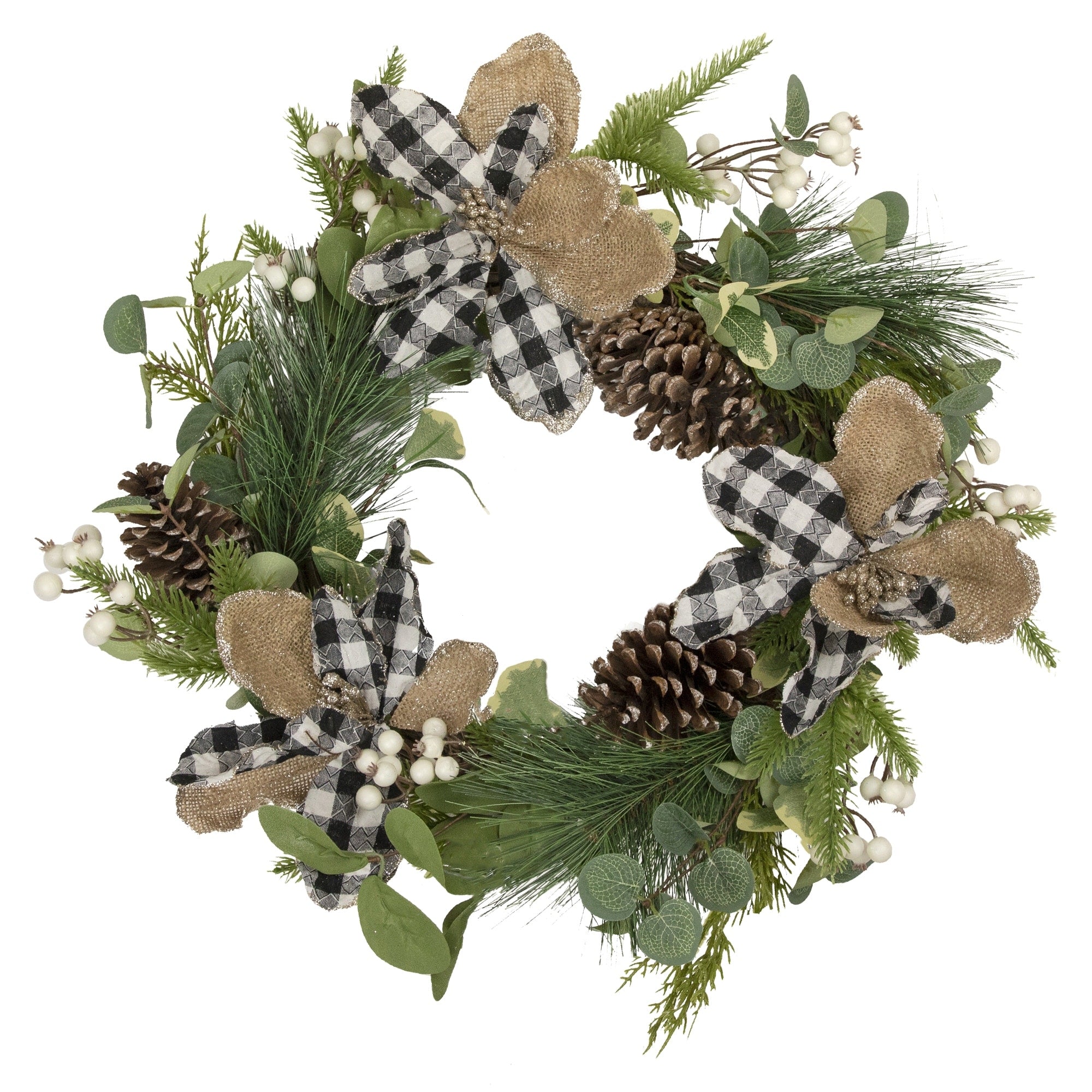 Magnolia And Frosted Pine Cones Artificial Christmas Wreath 22 Inch Unlit