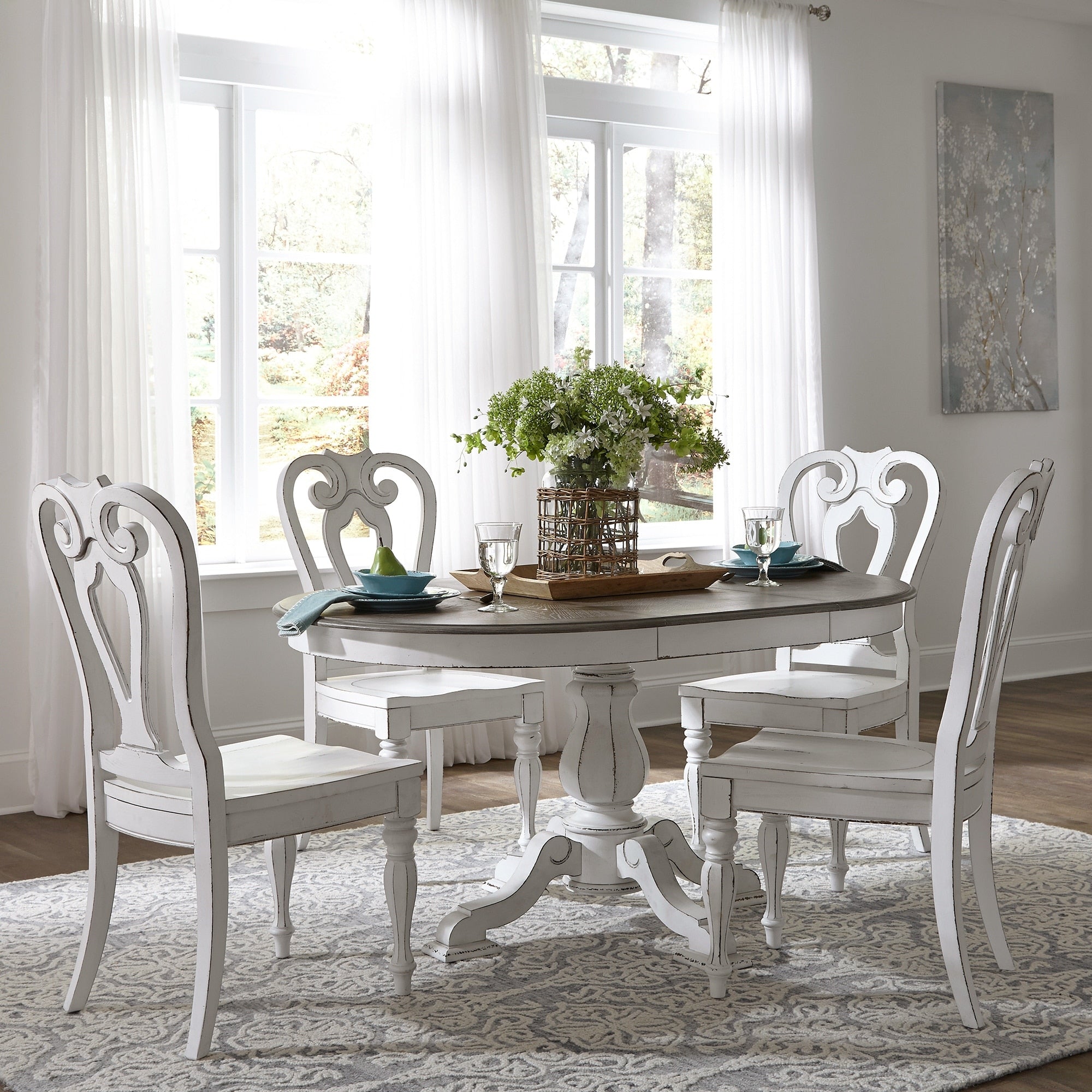 Magnolia Manor Antique White 5 Piece Splat Back Pedestal Dinette Set