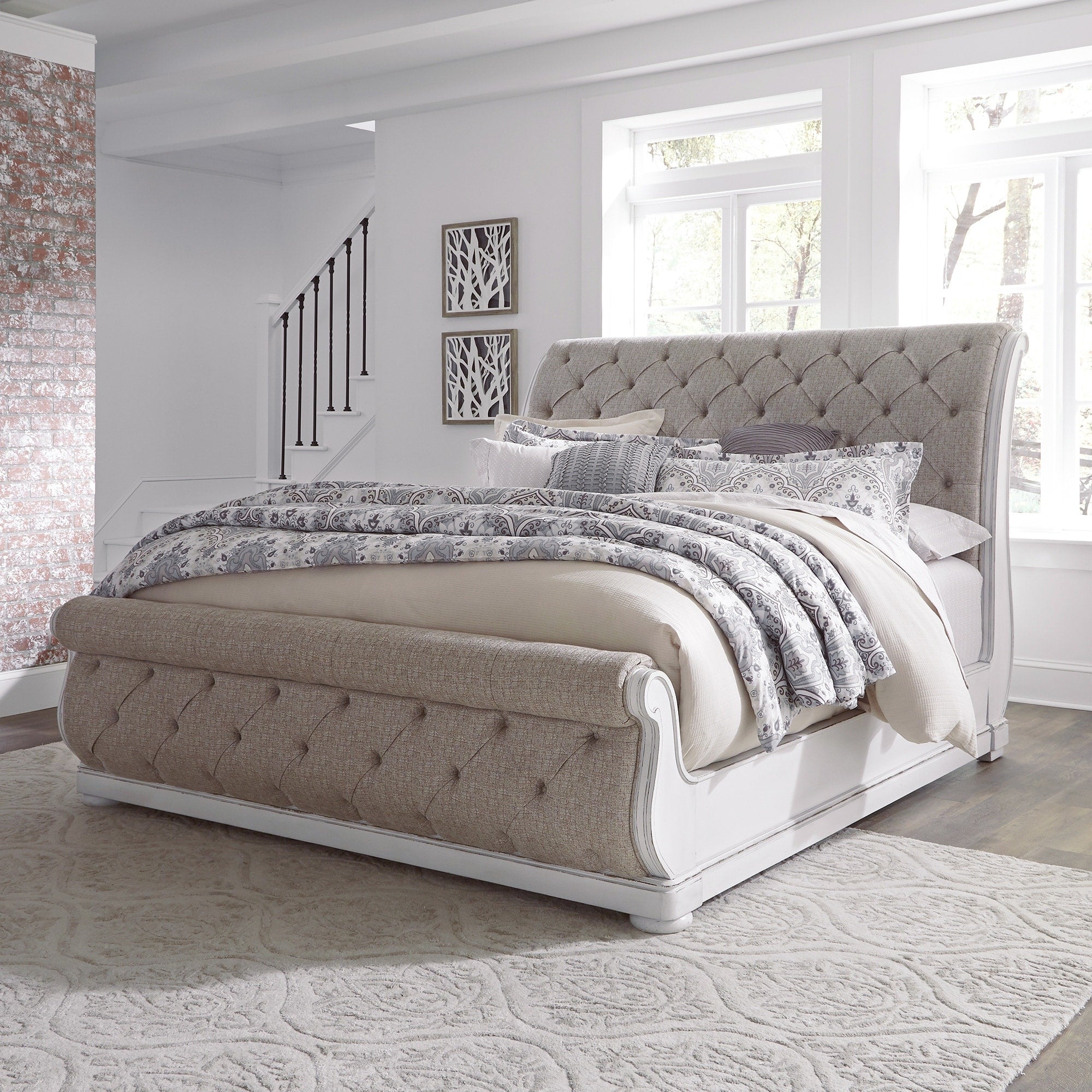 Magnolia Manor Antique White King Upholstered Sleigh Bed
