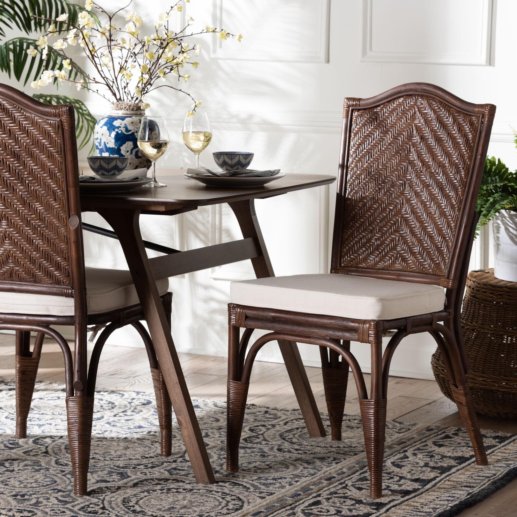 Mahdis Natural Rattan Dining Chair With Cushion Handwoven Wicker Accent Chair With Woven Chevron Back For Kitchen
