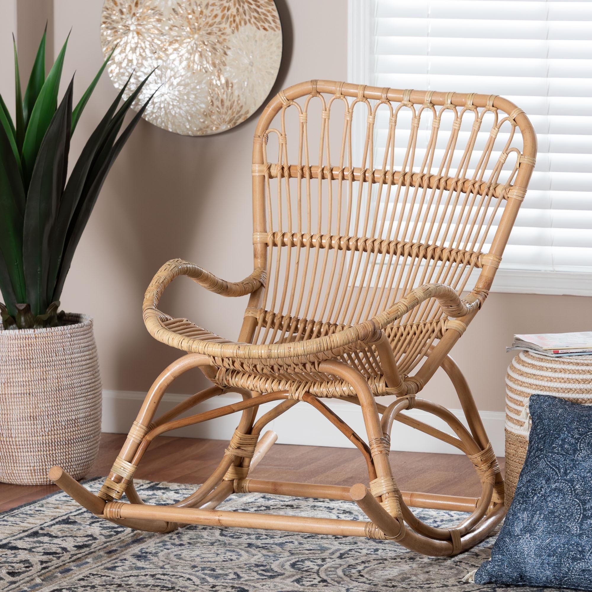 Mahin Natural Rattan Rocking Chair Handwoven Wicker Accent Rocker With Curved Armrests And High Back Coastal Lounge Chair