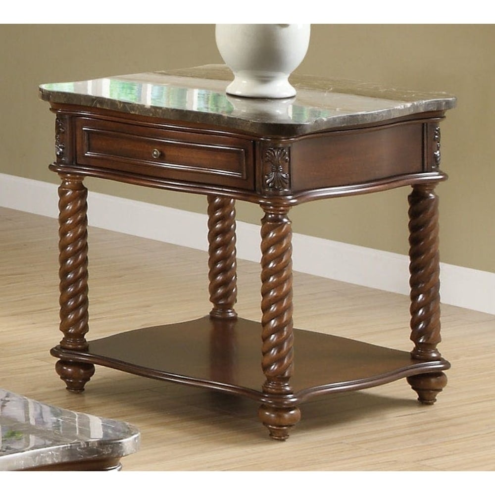 Mahogany End Table With Marble Tabletop Brown